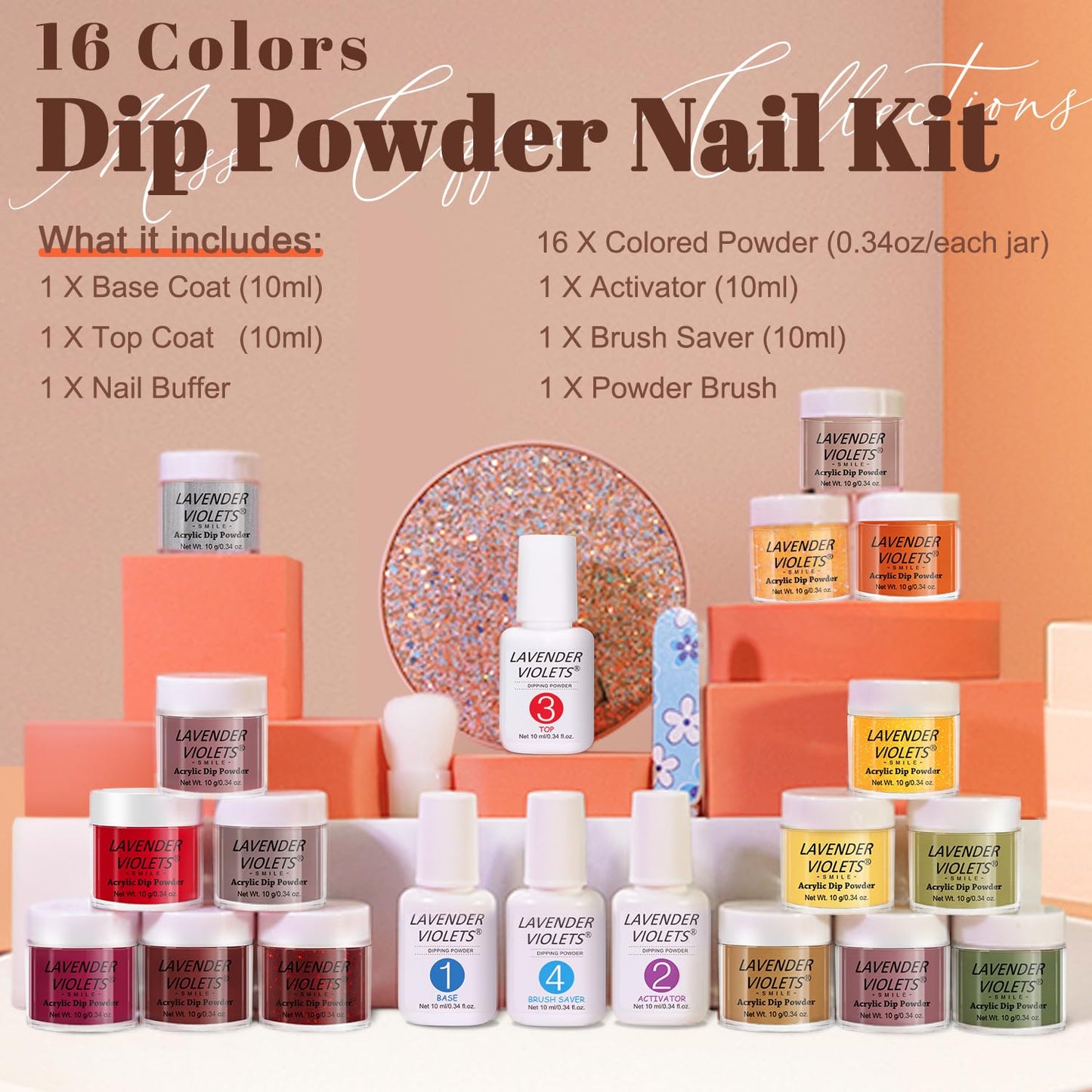 Lavender Violets 22pcs Halloween Dip Powder Nail Kit 16 Colors Red Brown Gold Green with Dip Powder Liquid Perfect Gift for Women Nail Art DIY M967