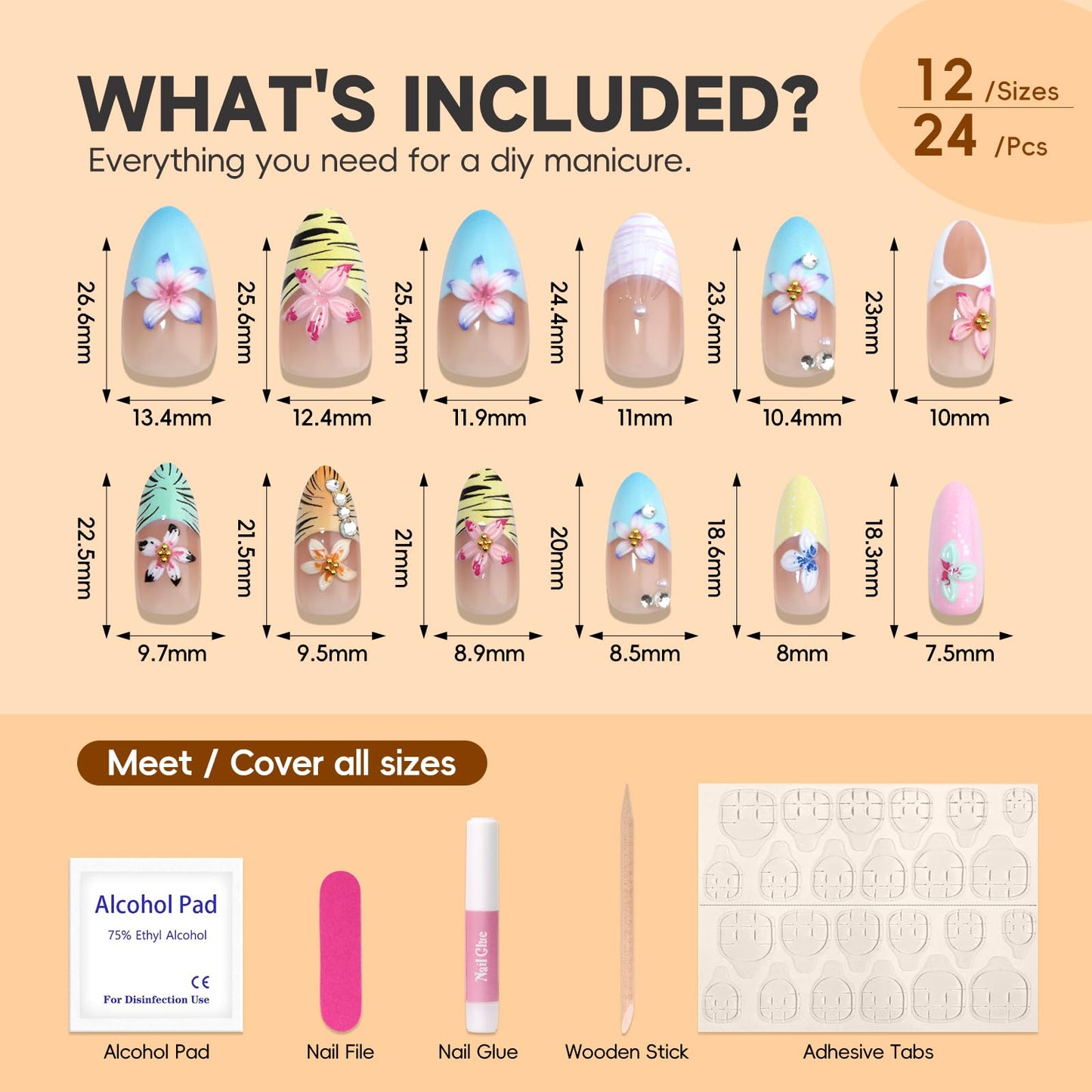 HOSAILY 3D Coloful Flower Press on Nails Medium Almond, Tropical Floral Summer Beach Vacatin Holiday Press ons for Women, 24pcs Glossy Pretty Reusable Soft Gel Full Cover Stick on Fake Acrylic Nails