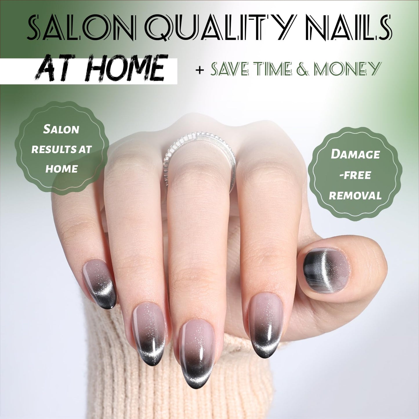 SEEWEE Ombre Black Cat Eye Press On Nails Almond - Short Almond Fake Nails with Nail Glue, Ombre Black Cateye Press On Nails Reusable Stick On Nails in 16 Sizes 32 Nail Kit for Women | Salon Quality