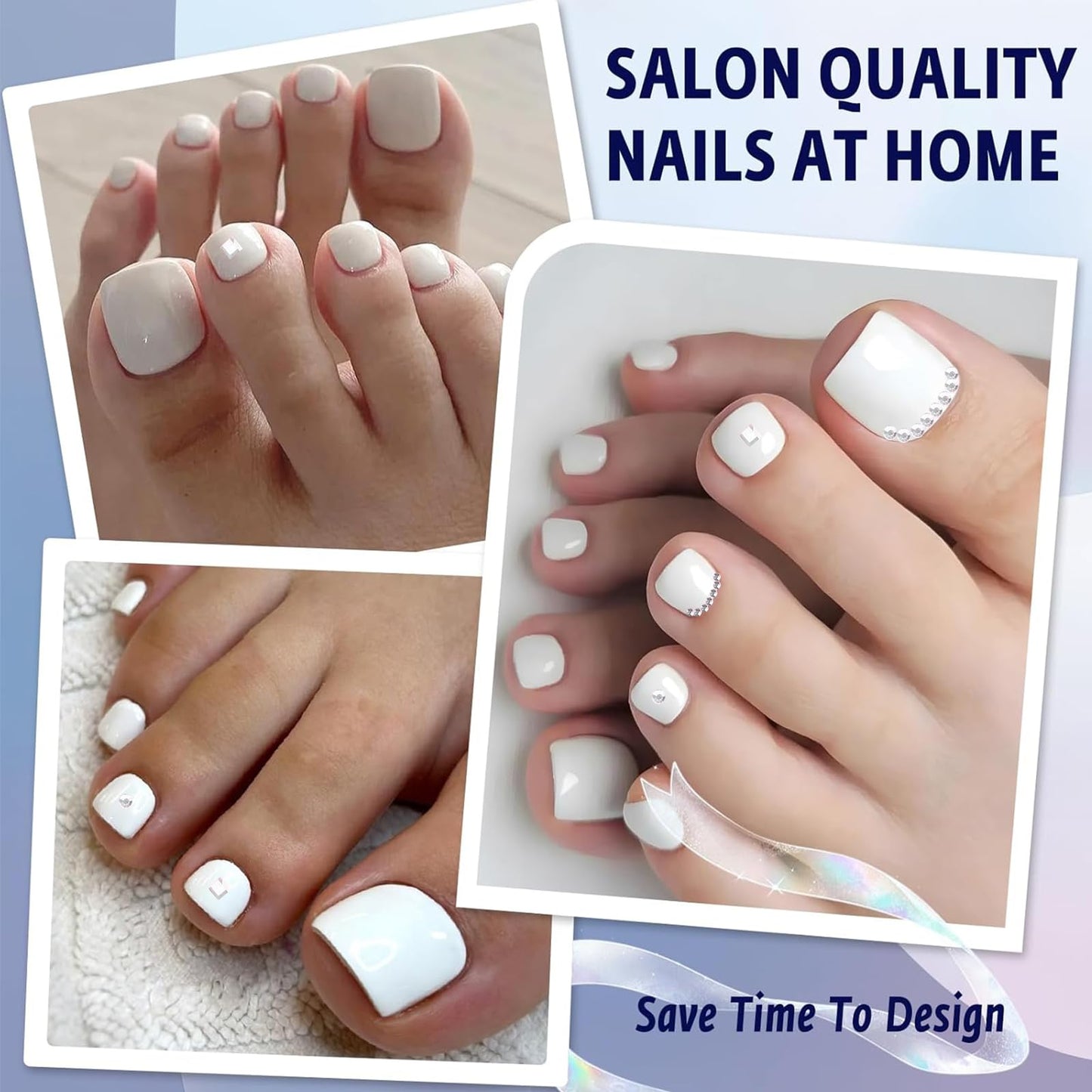 White Press on Nail for Women, OPkssnails 216pcs Summer French Tip Press on Toenails Short Square, Soft Gel Toe Nail Tips, Soak off Acrylic Fake Toe Nail Extensions 12 Sizes