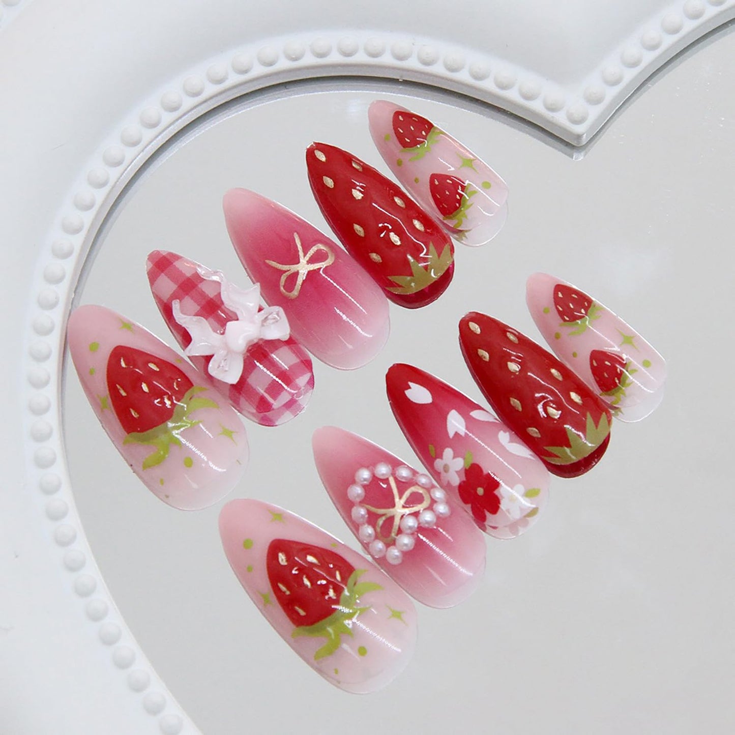Almond Press on Nails Medium SWEKKE Fake Nails Aesthetics False Nails with Strawberry Bow Flower Designs Full Cover Glossy Glue on Nail Acrylic Nails for Women Girls 24Pcs
