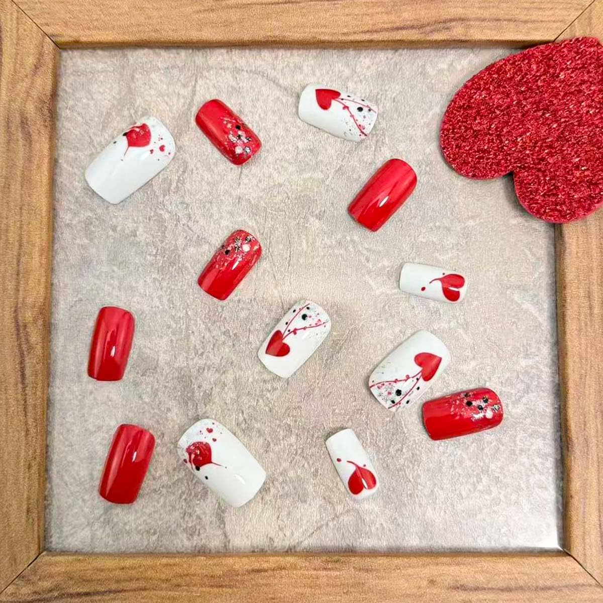 24Pcs Valentines Press on Nails Short Square Red Heart Fake Nails Red Love Design Glue on Nails Glossy Curve Dots False Nails for Women Valentine Nail Decoration for Women Gift