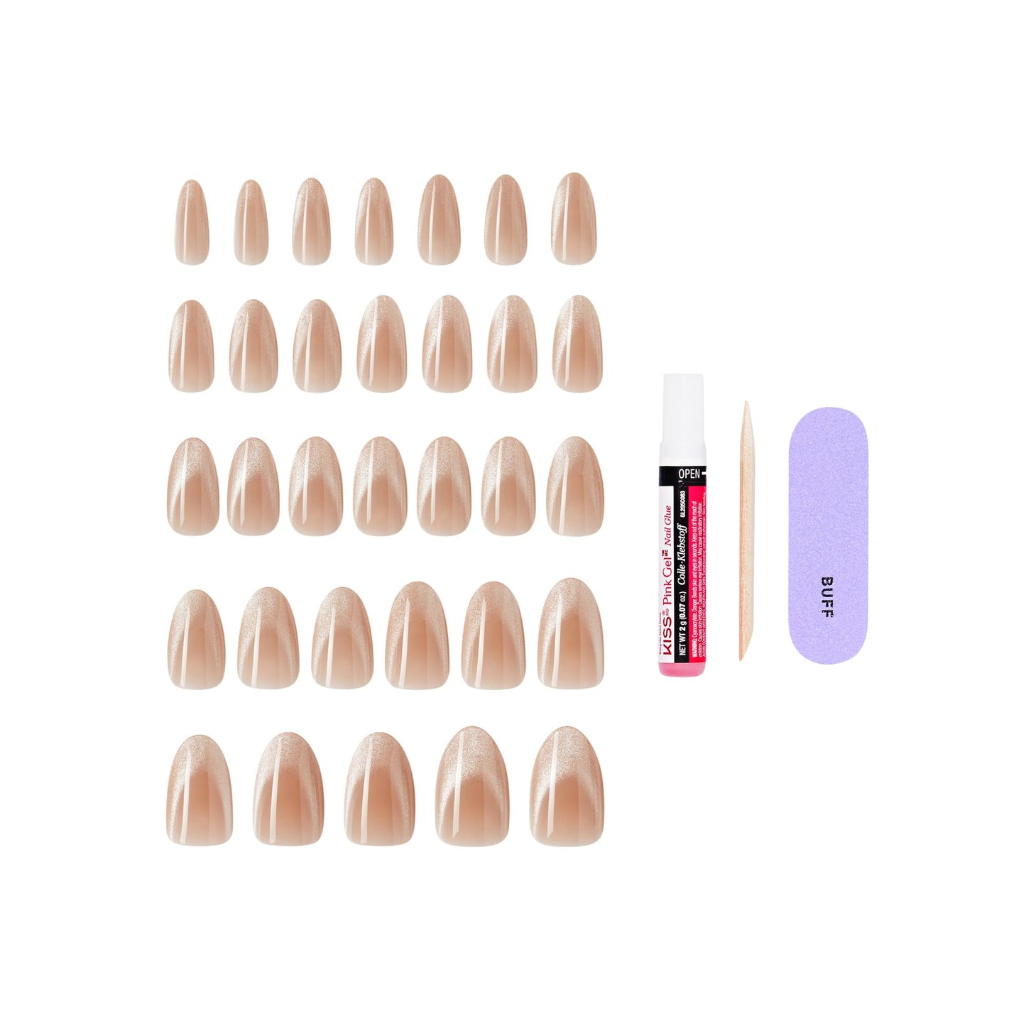 Kiss Core, Press On Nails, Nail glue included, 'Amazon Falls', Beige, Medium Size, Almond Shape, Includes 32 Nails, 2g Glue, 1 Manicure Stick, 1 Mini File