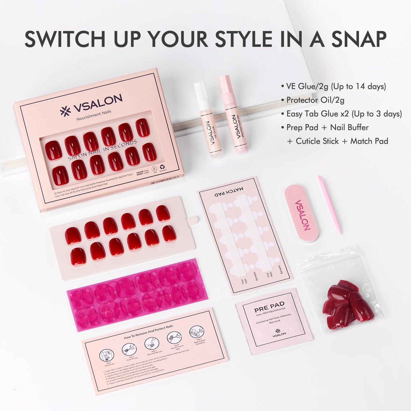 VSALON Short Square Press on Nails - Red Glossy Pastel Fake Nail Kit for Women,Reusable Gel Opaque Spring Summer Glue on Nails with Glue & Cuticle Oil - 32 PCS Stick on Nails in 16 Sizes