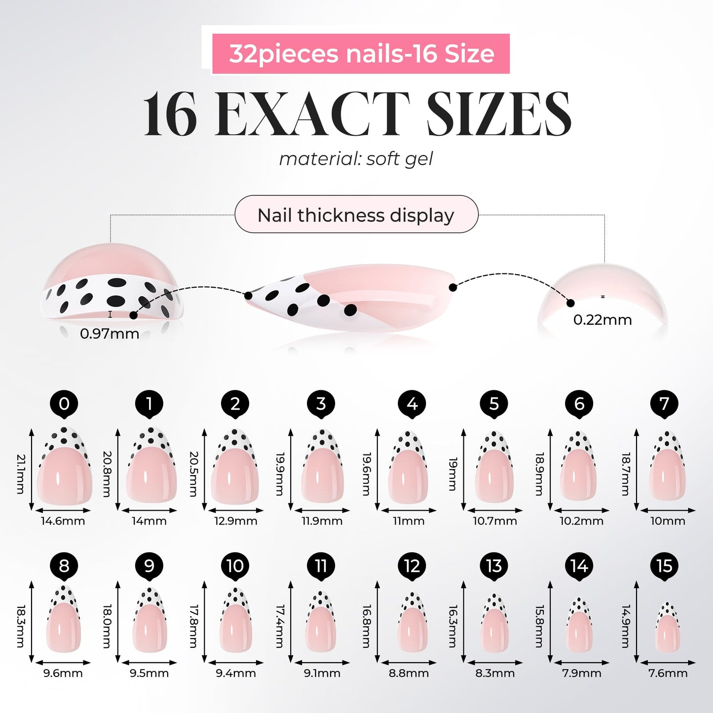 UNA GELLA 32Pcs Soft Gel Press on Nails - 16 Sizes Polka Dot French Tip Almond Glue on Nails, Reusable Nude False Nails with Black Dots, Full Cover Acrylic Nail Kit for Women DIY Home Manicure