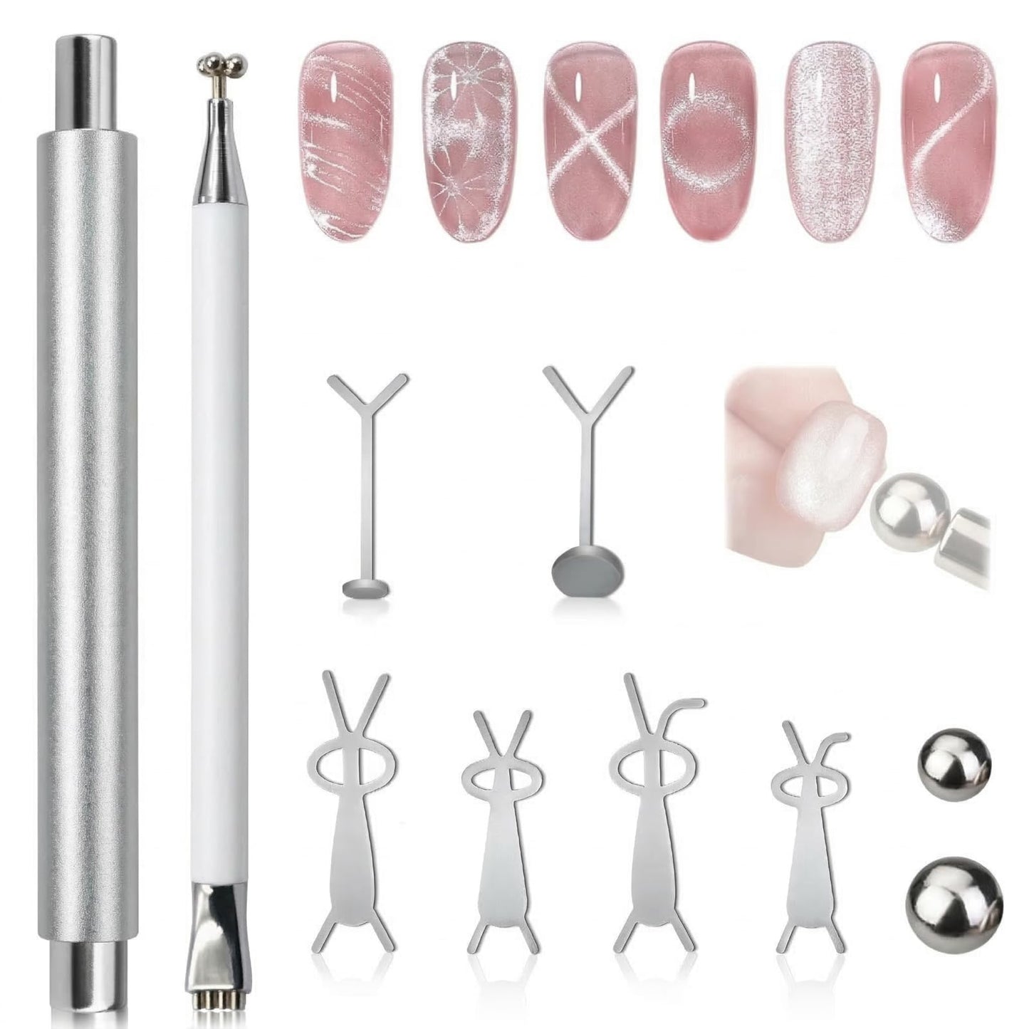 Plman Cat Eye Magnet Set - Nail Magnet for Cat Eye Gel Nail Polish, Professional Nail Salon Tool for Beginners & DIY at Home (Double-Head Set-Silver)