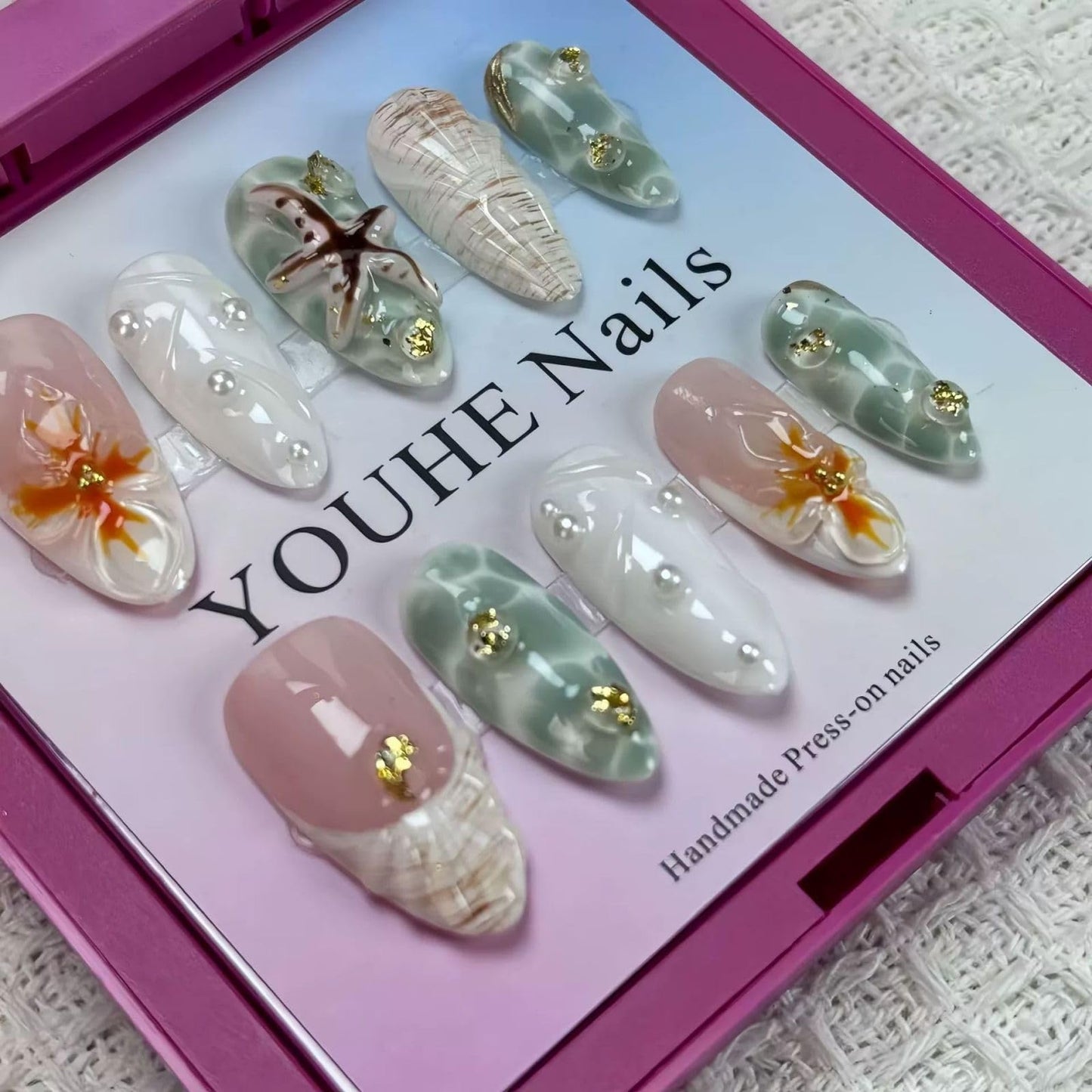Threelegscat Handmade Press on Nails Almond Medium Press Ons with Flower and Beach Designs for Women Size L 10pcs