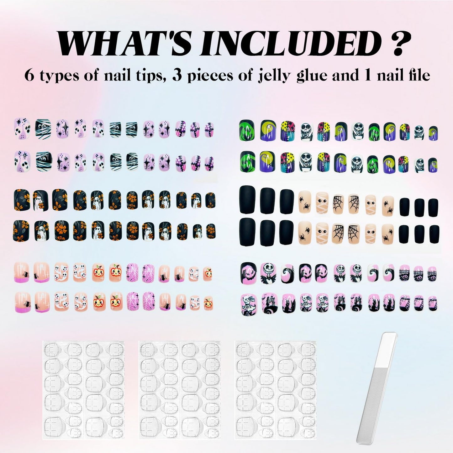 144 Pcs Halloween Press on Nails Kit Short Square Fake Nails 6 Styles Full Cover Little Ghost Skull Bats Pumpkin Halloween Nails Designs False Nails Glossy Artificial Nail Set for Women Manicure Decor