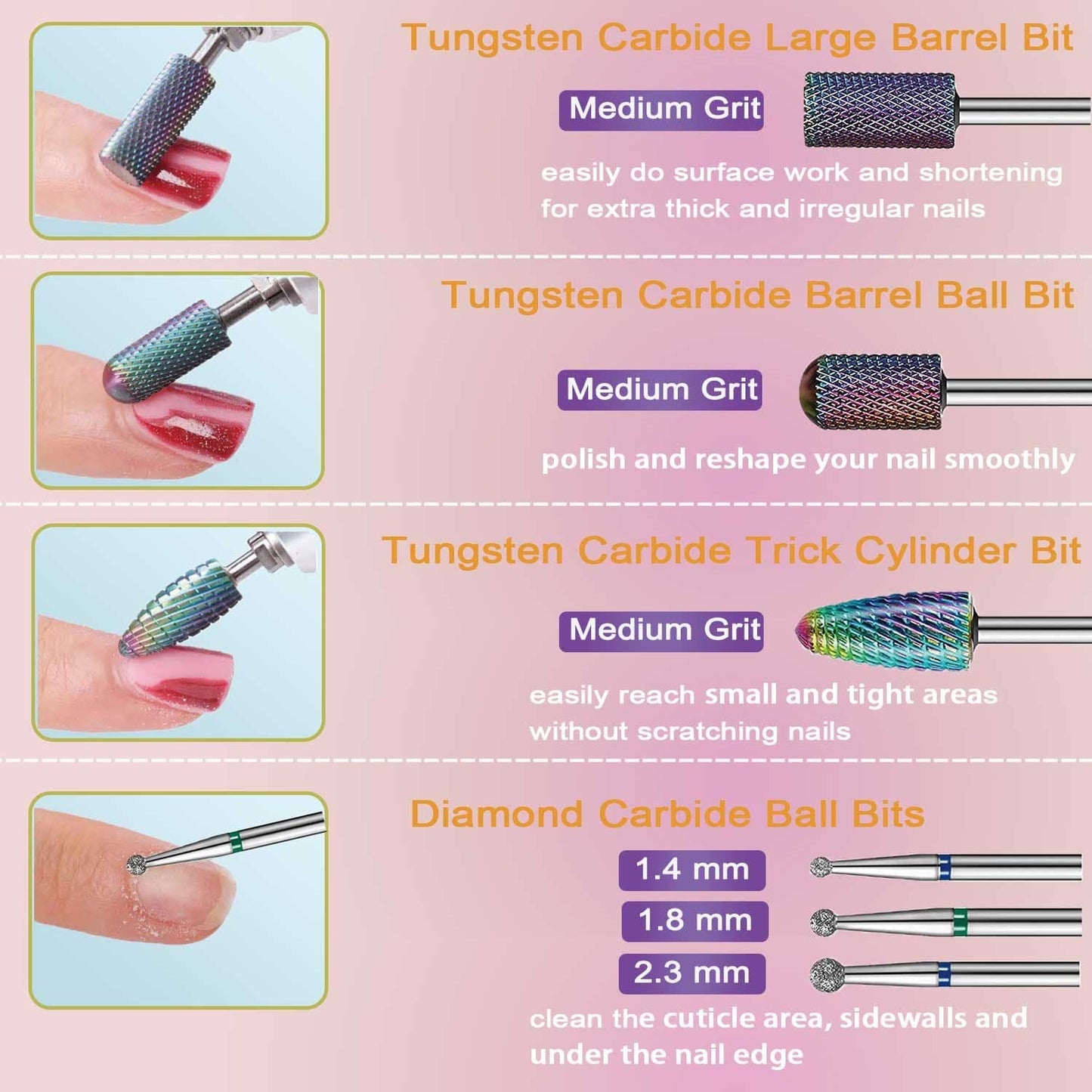 Nail Drill Bits Set, 3/32" Ceramic Tungsten Carbide Diamond Drill Kit,30Pcs Safety Professional Rotary Burrs Polish Nail File Bit for Acrylic Poly Nails Gel Cuticle Remover Electric Manicure Pedicure