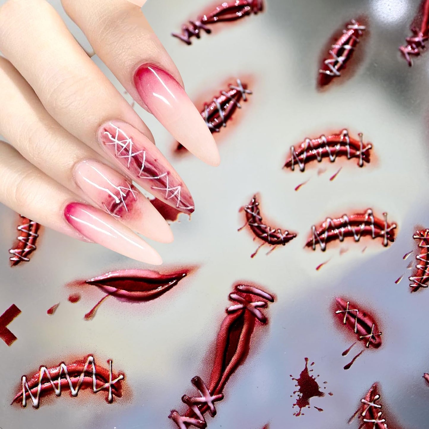 1Sheet Blood Scar Nail Art Stickers Decals 5D Embossed Horror Halloween Nail Stickers Self-Adhesive Wound Designs Nail Decal Bloody Scars Nail Sticker for Women DIY Manicure Decoration Supplies