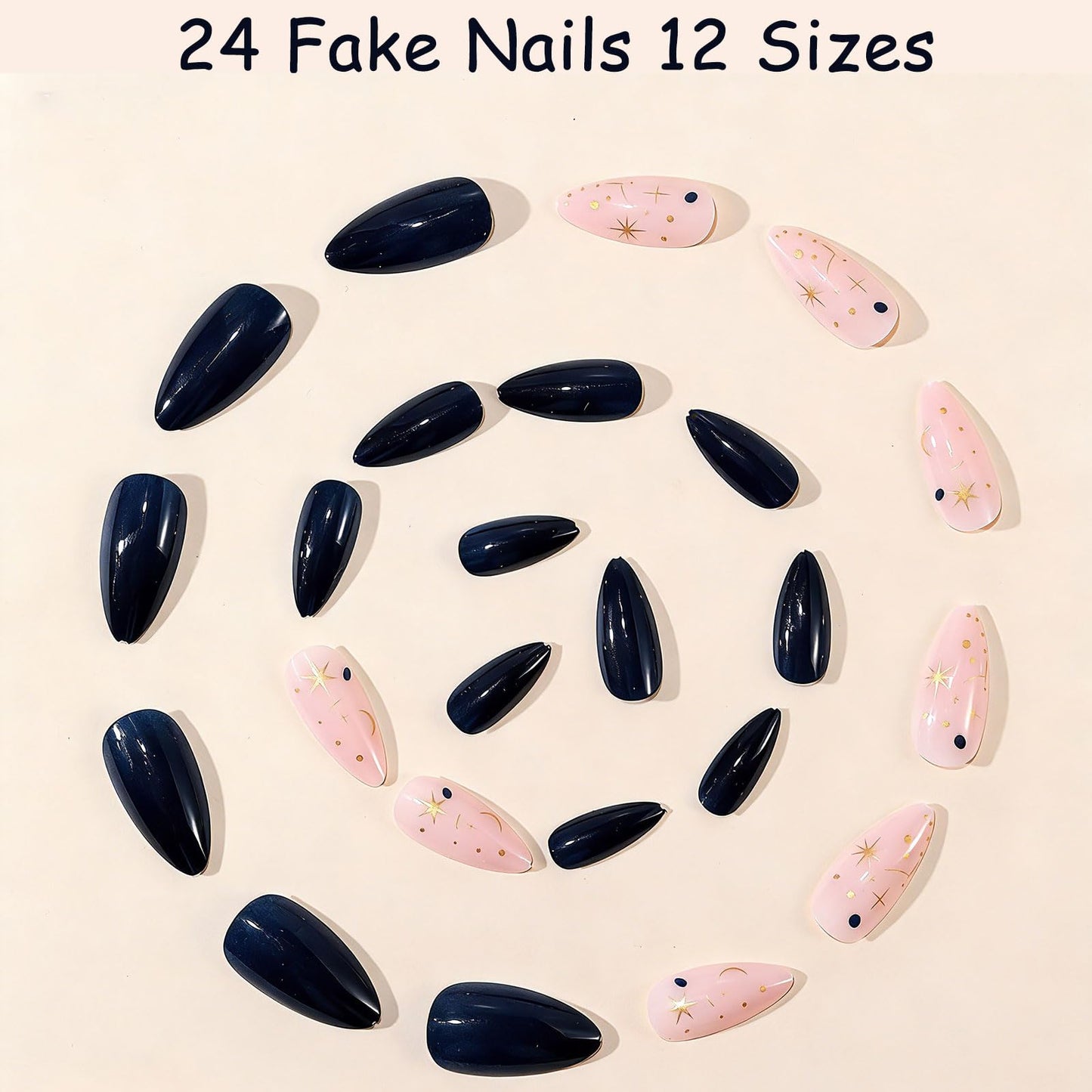 24Pcs Dark Blue Press on Nails Medium Almond, Gold Star and Moon Designs, Glossy Full Cover Fake Nails, Reusable Glue on Nails with Acrylic Effect,Nude Nails Press ons for Women