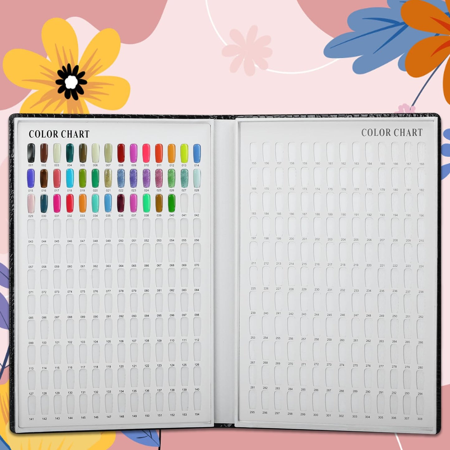 vnjaoi Professional 308 Nail Colors Chart with Number Labels, Black Nail Gel Polish Display Card Book, Nail Art Salon Display Booklet, Nail Color Swatches Nail Practice Card Design Board