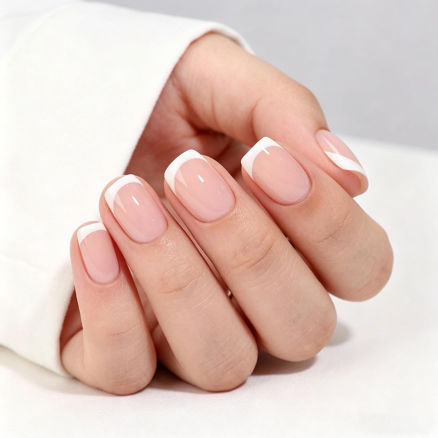 Bonitiva Short Square Press On Nails, Glossy French Tip Soft Gel Reusable, 32PCS 16 Sizes, Salon Quality Long Lasting Fake Nails with Nail Glue & File Kit for Women Girls, Daily Wear