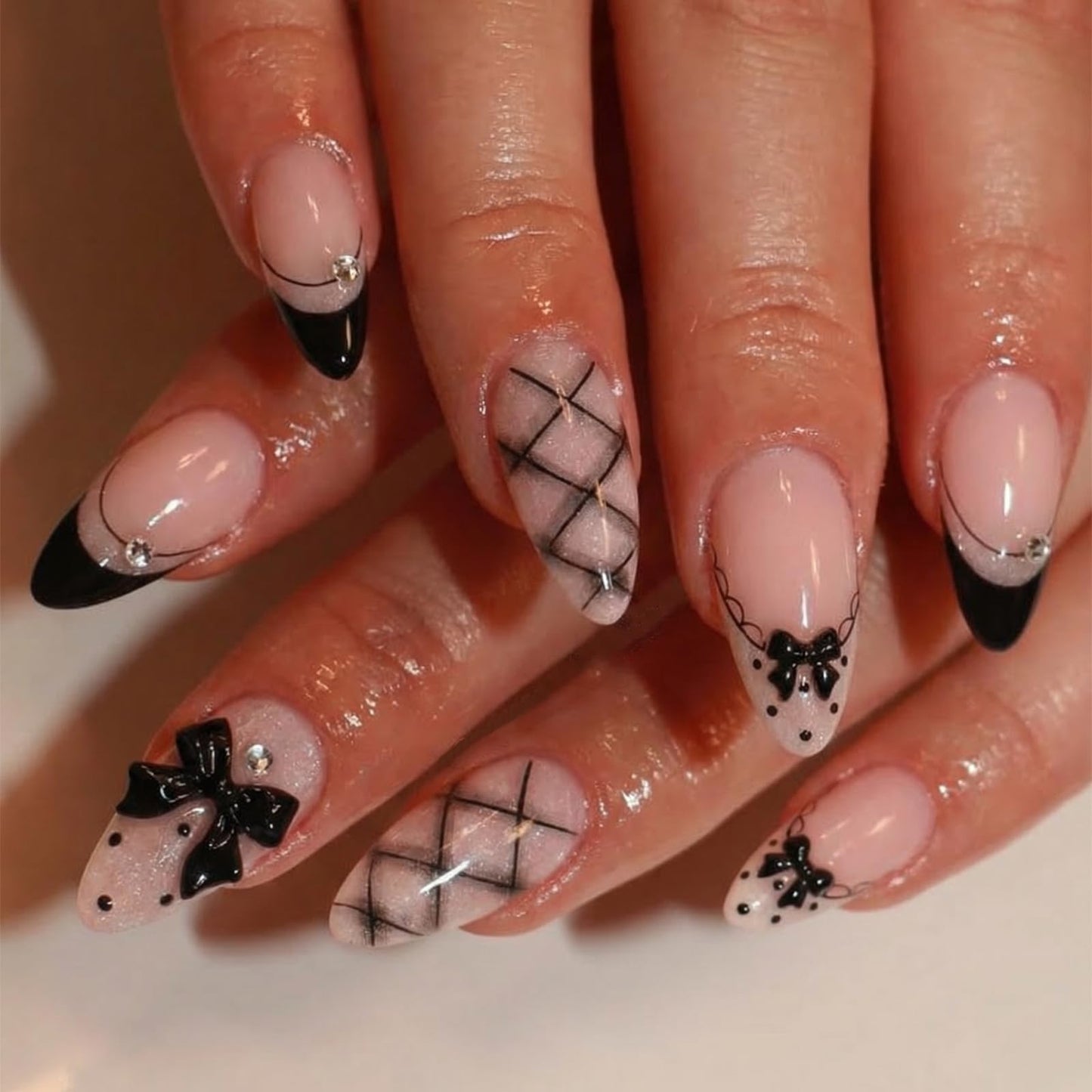 IMSOHOT Medium Almond Press on Nails, Goth Black Bow Design, 24 Pcs Glossy Fake Nails with 3D Ribbon & French Tip Pattern for Women Girls