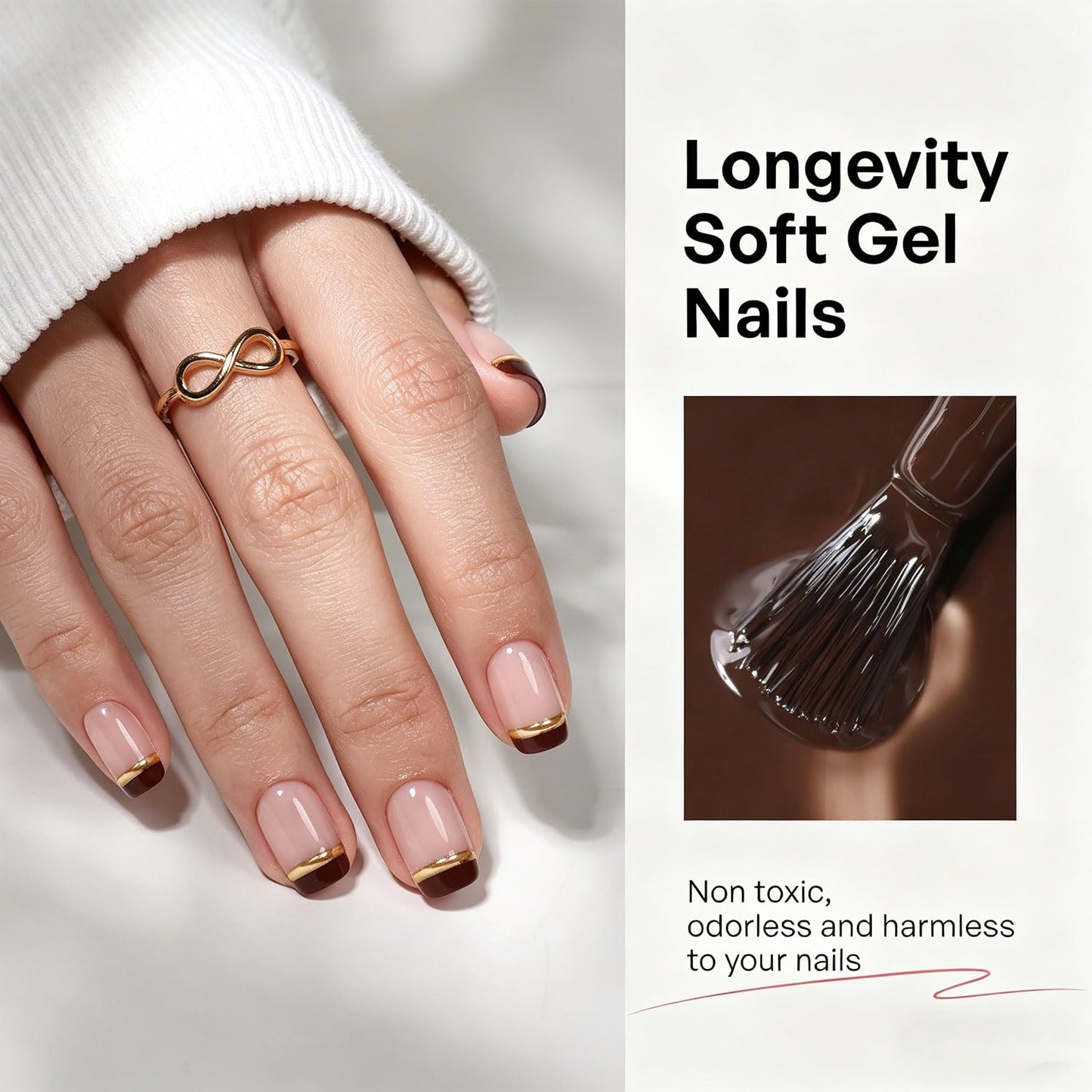 Brown French Tip Press on Nails Short Square - GJZEZ Soft Gel Glossy Autumn Thanksgiving Fall Fake Nails Press ons with Gold Stripes Designs for Women | 16 Sizes - 32 Reusable False Nail, Espresso