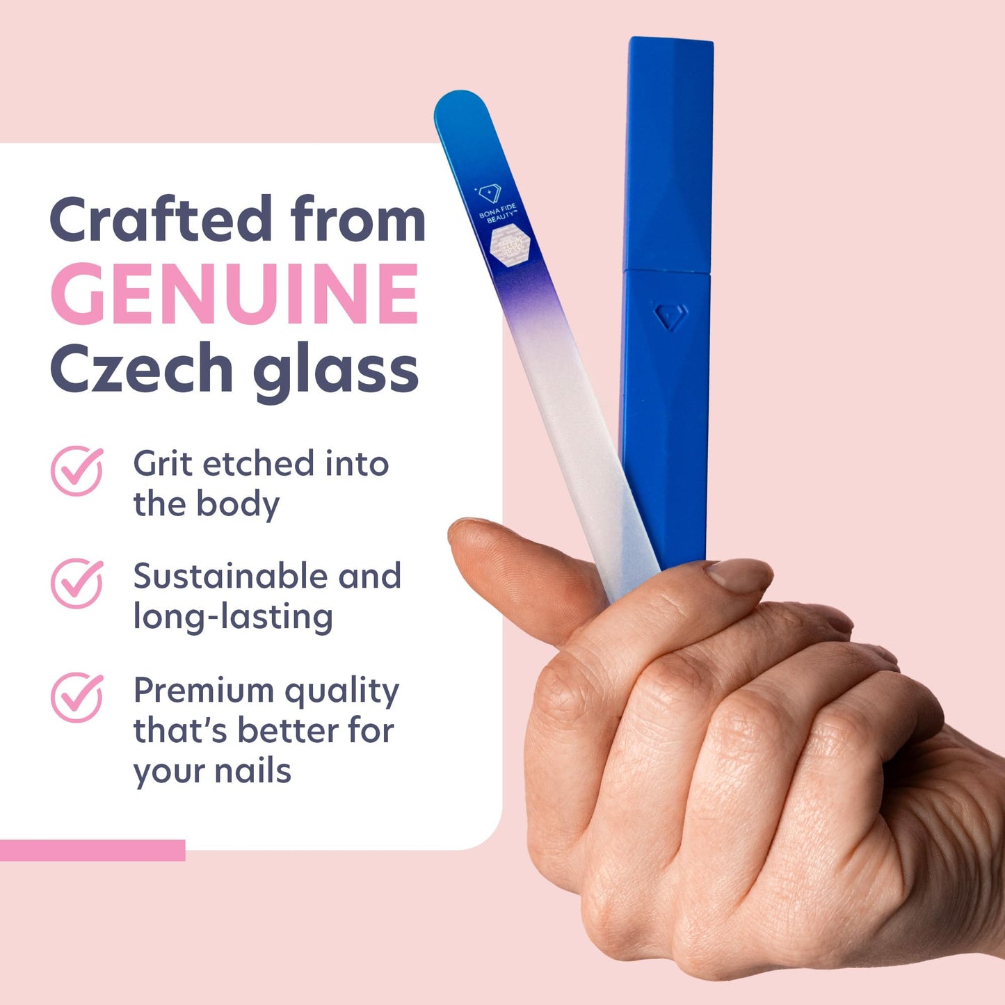Bona Fide Beauty Glass Nail File with Case, Aqua Cobalt Czech Glass Fingernail Files Handcrafted from the EU. Ideal Nail Care Tool for Natural Nails.