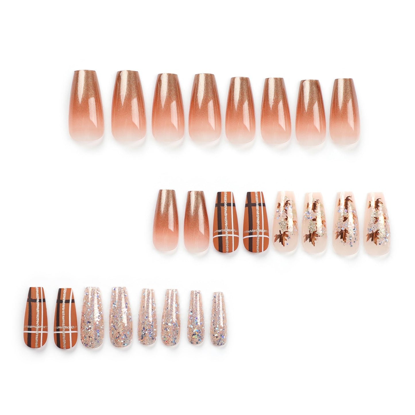 Press On Nails Long Coffin Fake Nails, Brown & Gold Maple Leaf Sequin Acrylic Nails, 24 PCS Fake Nails with Nail File & Glue Tabs, Reusable ABS Material