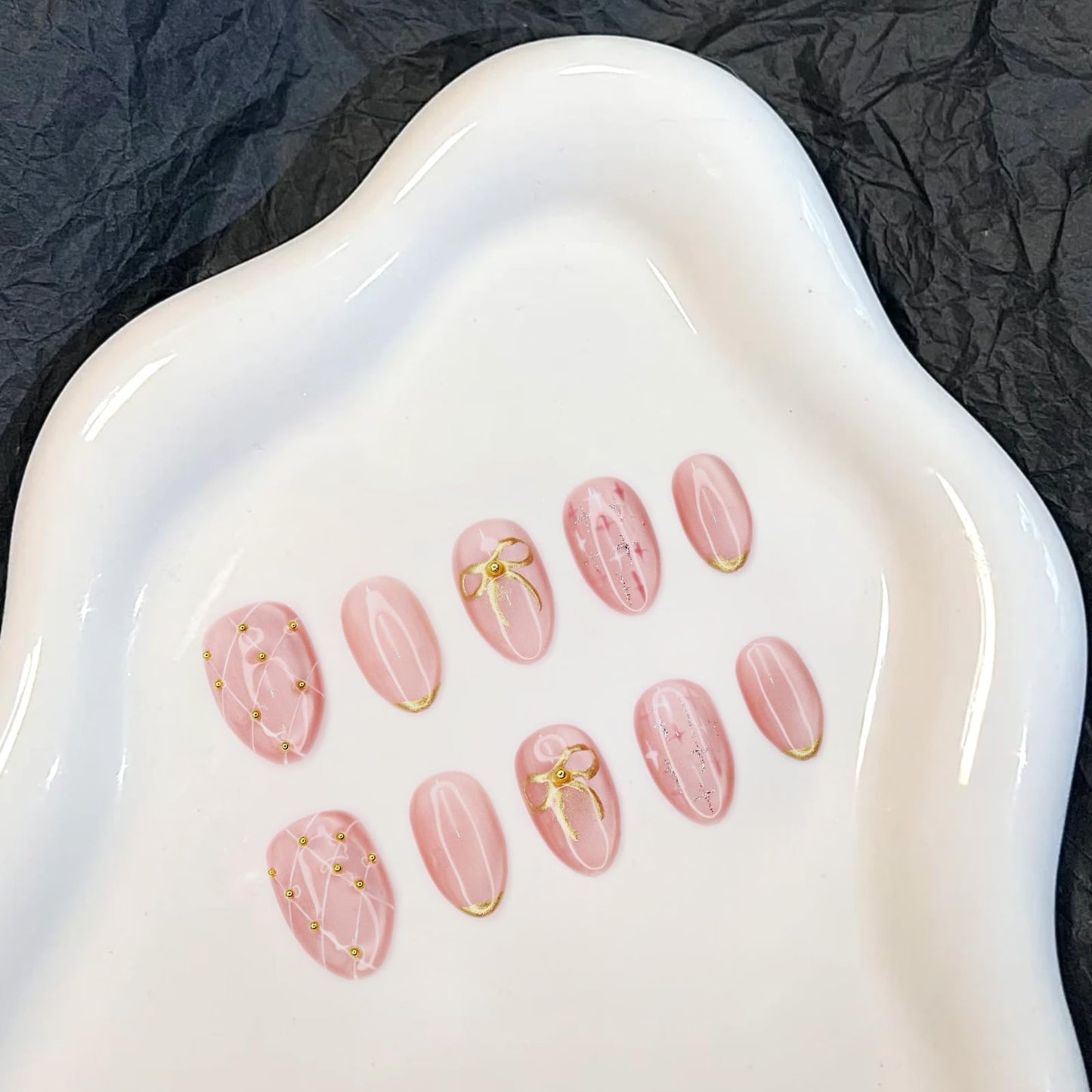Pink Press on Nails Thick and Muti-Layer Gel Fake Nails Bow French Tip False Nails with Bow Star Design White Hand-draw Lines Stick on Nails Full Cover Artificial Nail for Women DIY (Size M)