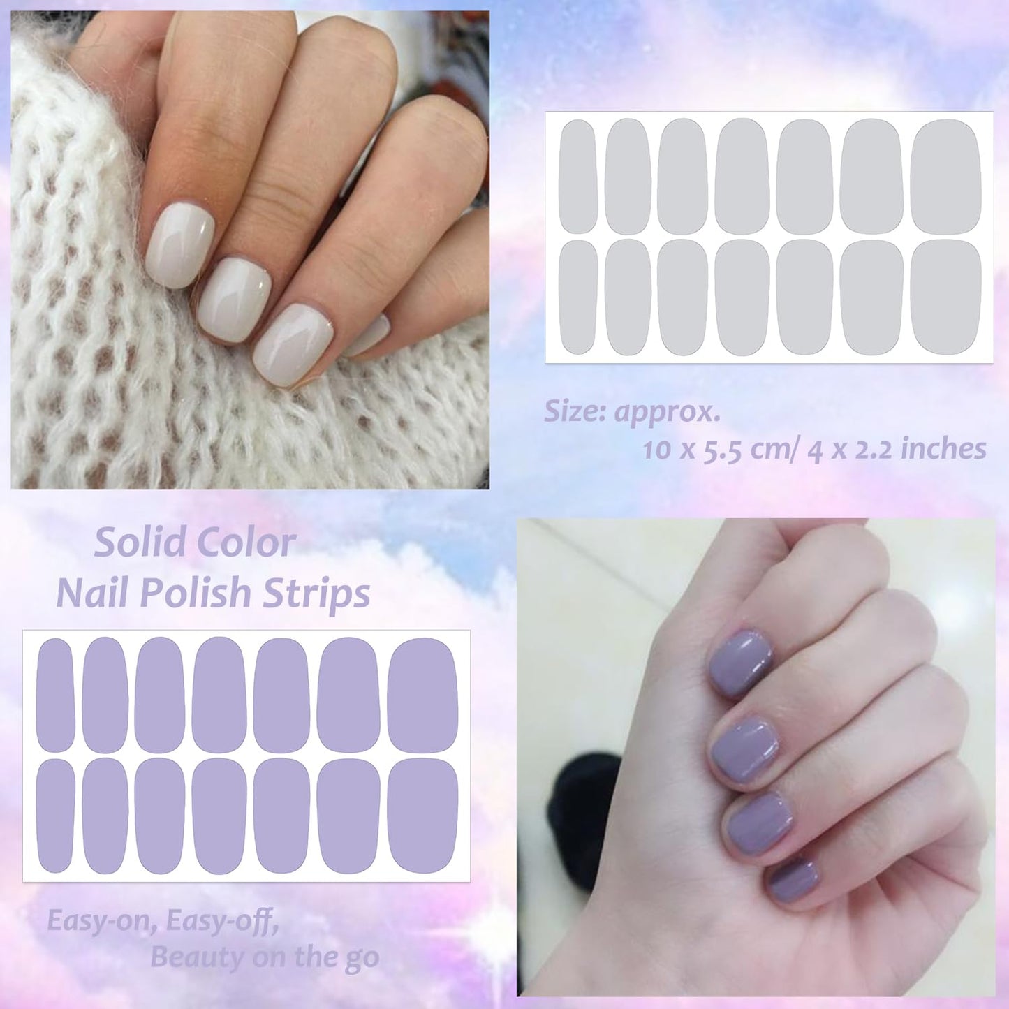 XEAOHESY 40 Sheets Elegant Solid Color Nail Polish Strips with Nail File Self-Adhesive Grey Purple Color Nail Strips Nail Stickers Full Nail Wraps for Women Nail Art