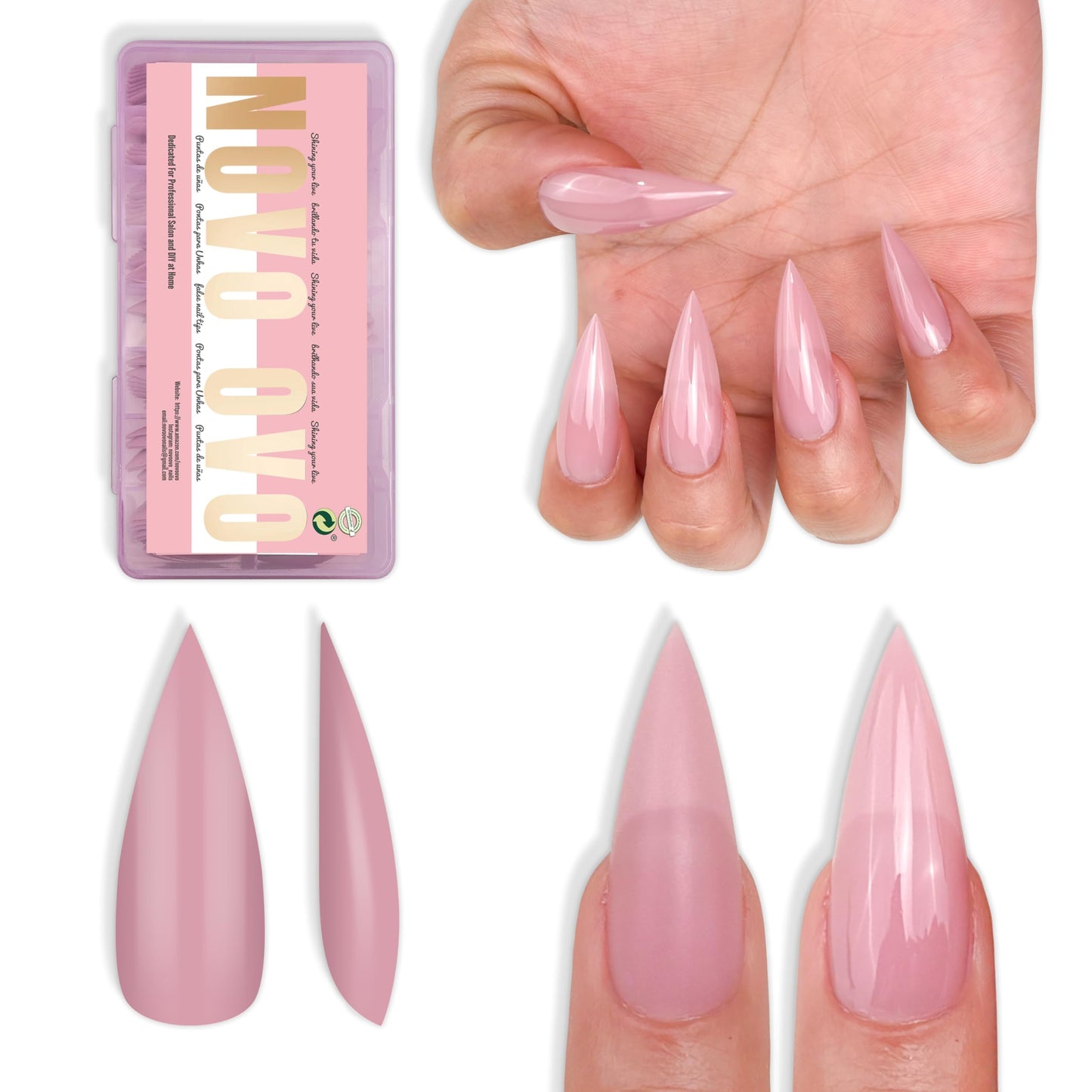 NOVO OVO Medium Long Stiletto Nail Tips Berry Pink (224Pcs) - Pre-designed Soft Gel Full Cover False Nails, Sharp Pointed Acrylic Press on Extension, DIY Salon Manicure (16 Sizes)