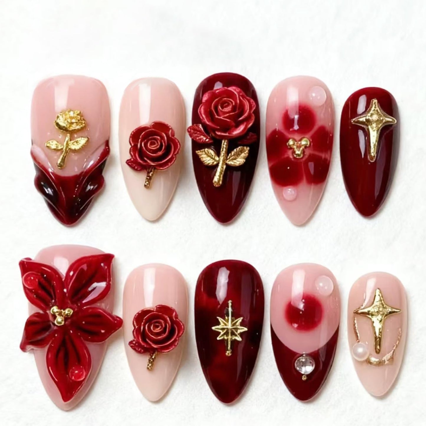 30Pcs Red Flower Press on Nails Short Almond French Tip Fake Nails with Rhinestone Pearls Designs 3D Rose Floral Star False Nails Nude Glossy Full Cover Reusable Valentines Glue on Nails for Women