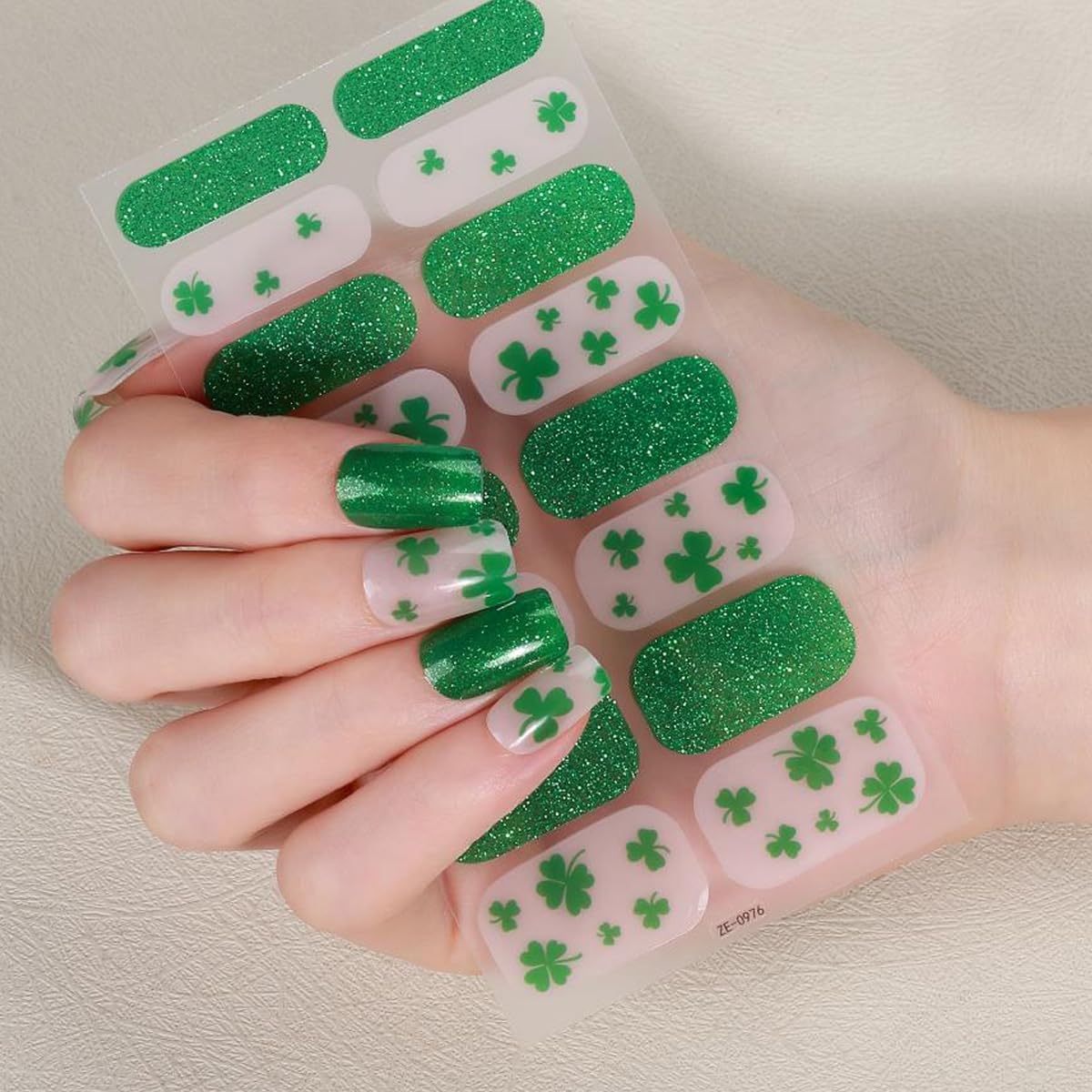 4 Sheets St Patrick’s Day Gel Nail Stickers for Nail Art Shamrock Gel Nail Polish Strips Green Clover with Glitter Design Green Irish Stickers Full Wrap Gel Nail Strips Sticker for Manicure Salon