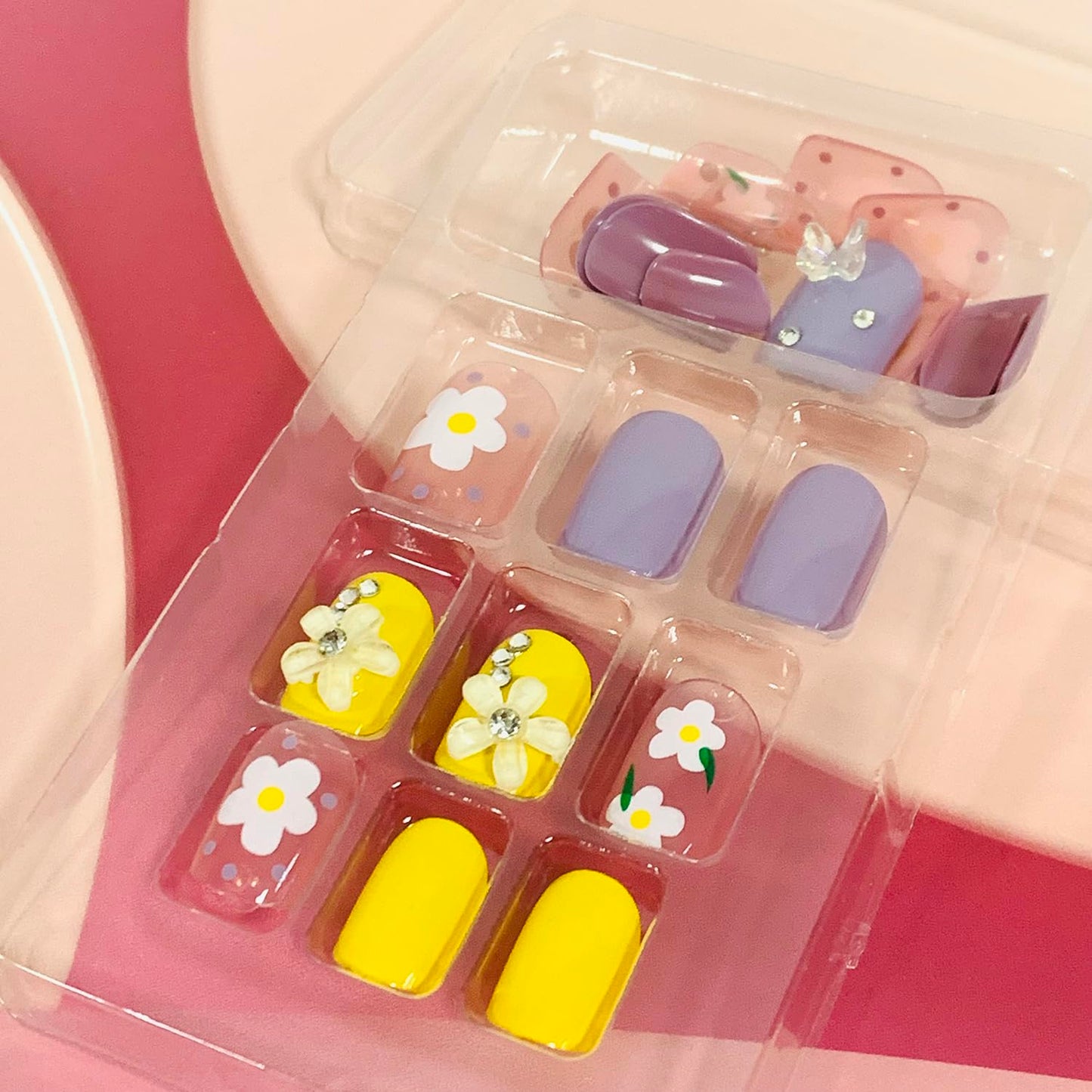 Vezocim Press on Nails Short Square-24Pcs Glossy Full Cover Acrylic Square False Nails with Floral Gems Designs Artificial Extra Short Square Fake Nails with Glue Stick on Fingernails for Women Girls