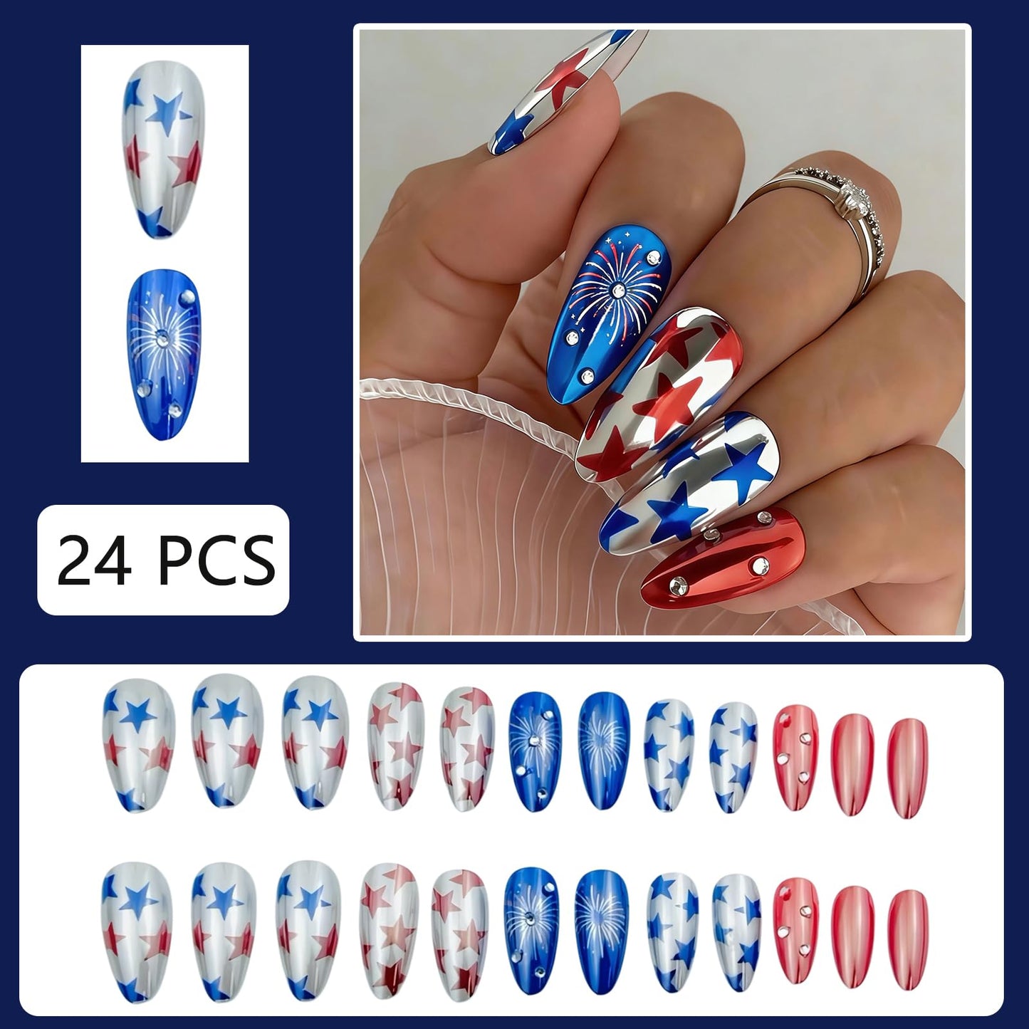 Independence Day Electroplating Press on Nails Medium Almond Fake Nails July 4th Fireworks False Nails with Rhinestones Design Stick on Nails for Women Girls Manicure Decoration 24 Pcs