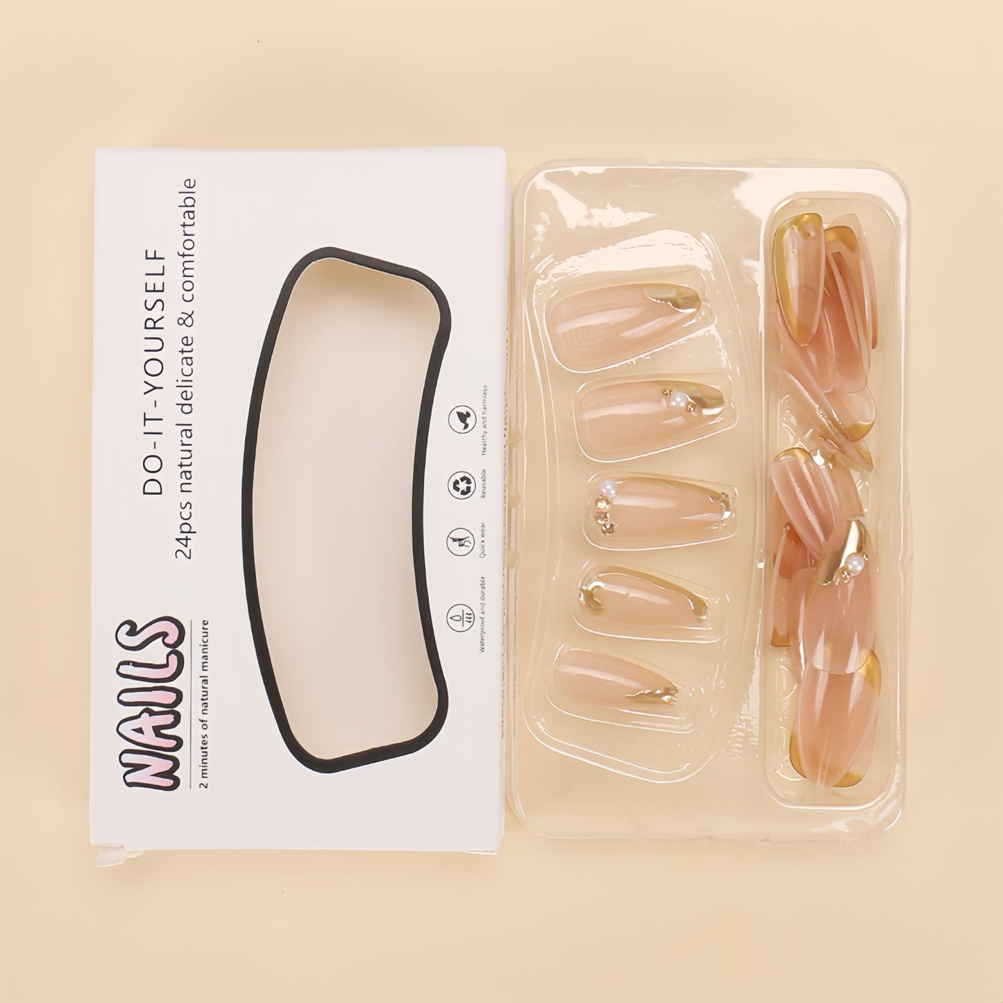 24pcs French Tip Press on Nails Short Almond Fake Nails with Pearls Rhinestones Design Full Cover Gold French Acrylic Nails Glue on Nails Glossy Reusable Artificial Nails for Women Girls Nail Decor