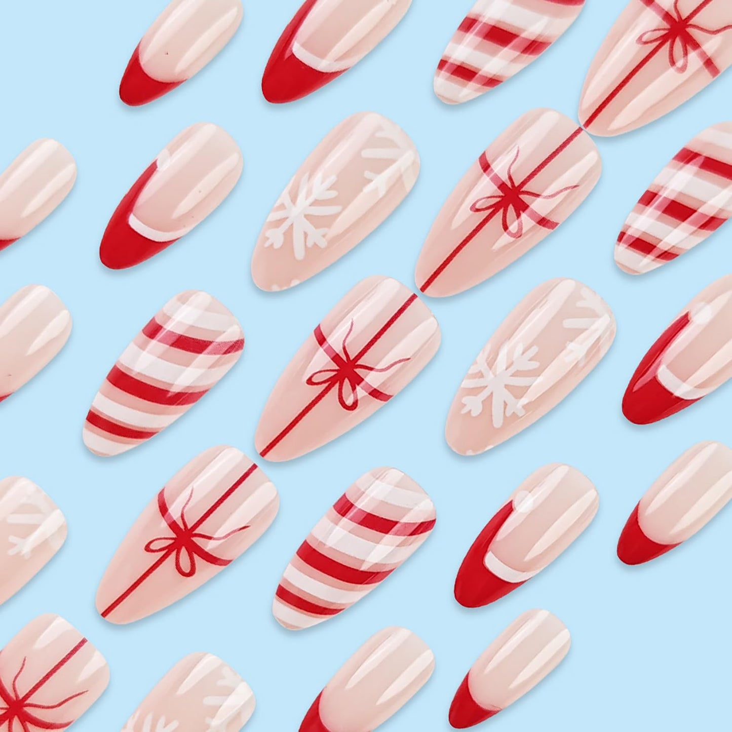 French Tip Press on Nails Christmas Press on Nails Medium Almond Fake Nails with Snowflake Designs Santa's Hat Acrylic False Nails for Women Girls Red White Stripe Stick on Nails 24Pcs Manicure Art