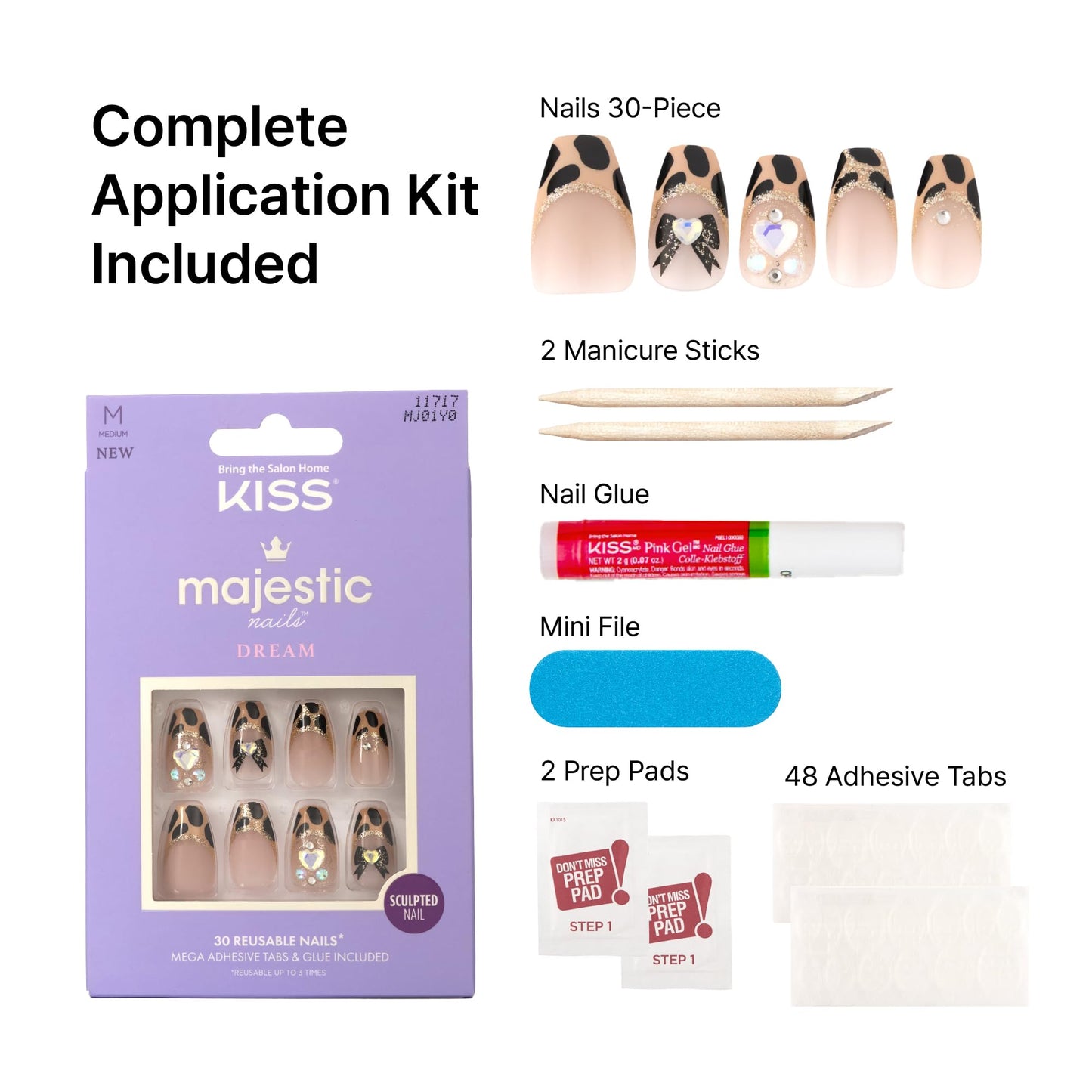 KISS Majestic, 30 Pcs Press On Nails, Medium Coffin Fake Nails, Animal Print Glitter French Tip with Bows, Reusable Stick On Extensions Full Cover Kit with Glue, Adhesive Tabs, Manicure Stick & File
