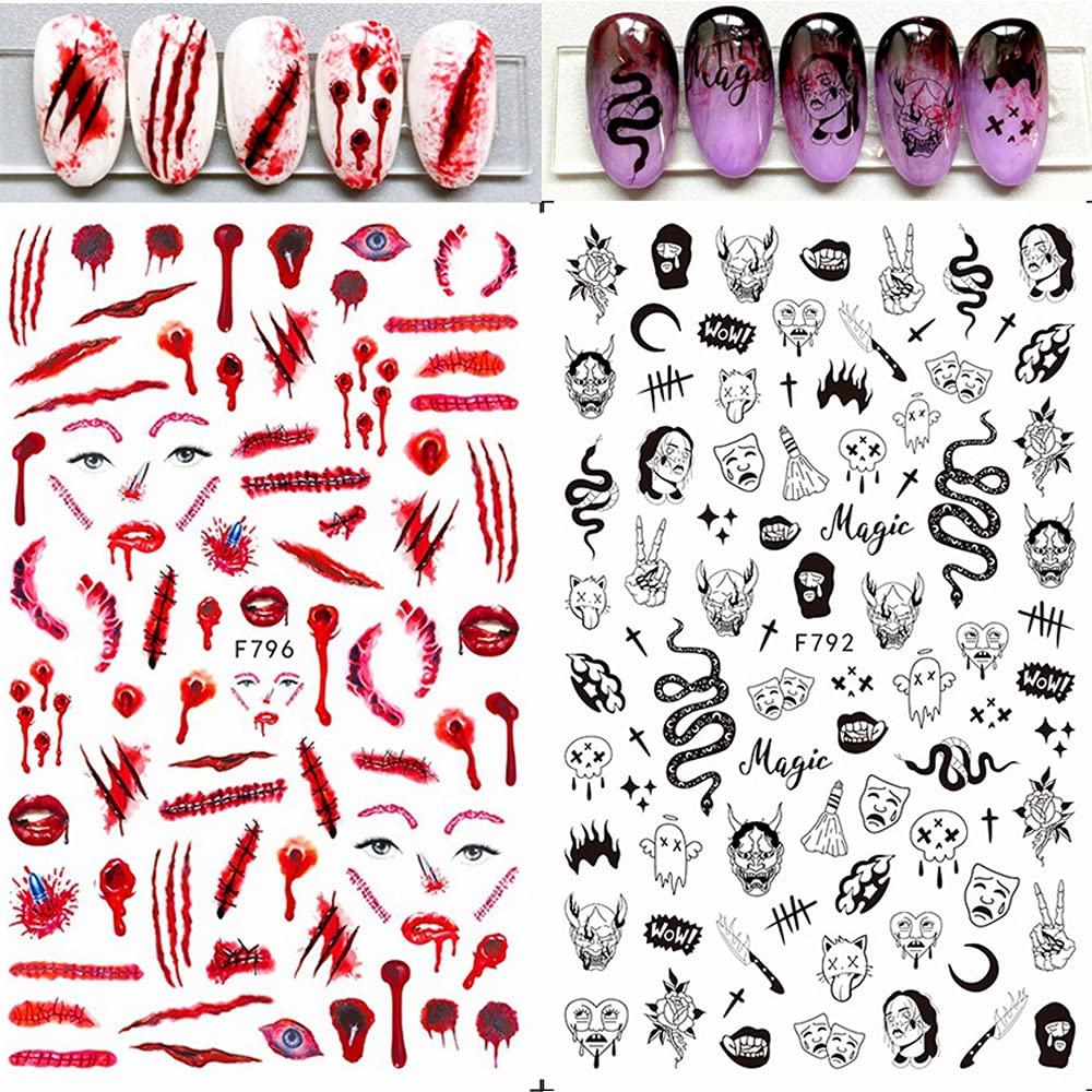 TOFD Blood Nail Art Stickers Halloween Sticker Decals, Self Adhesive 3D Supplies Scar Clown Snake Eye Heart Designs for Women Girls Acrylic Nails, 4 Count (Pack of 1)