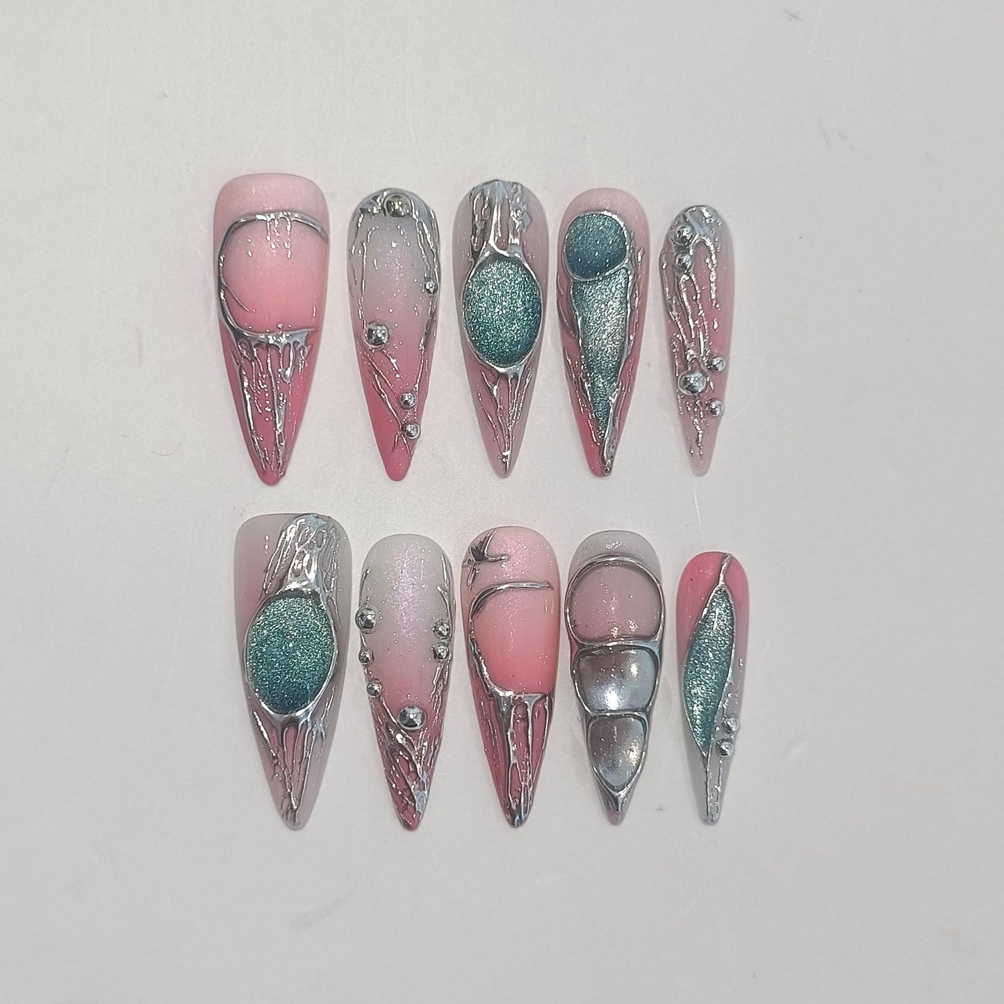 TENPAL Long Stiletto Press on Nails,Pink-Silver Holographic Gradient Hand-Painted Moons Fake Nails with 10pcs Tools,3D Cat Eye Glitter False Nails,Edgy Meteors Design Sweet-Edge Metal Nails(M)