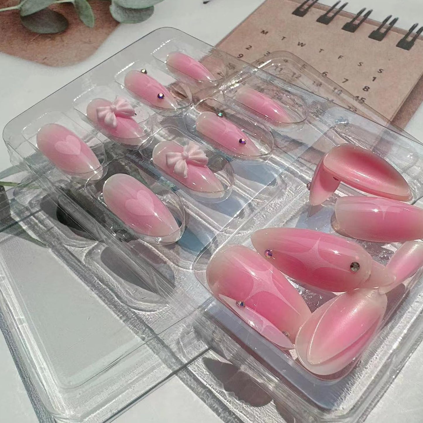 Pink Gradient Press on Nails Fake Nails Almond-shaped blush Bow Star with Rhinestones Design Glossy Stick on Nails Acrylic Artificial Nails Oval False Nails for Women Girls DIY Manicure Decoration