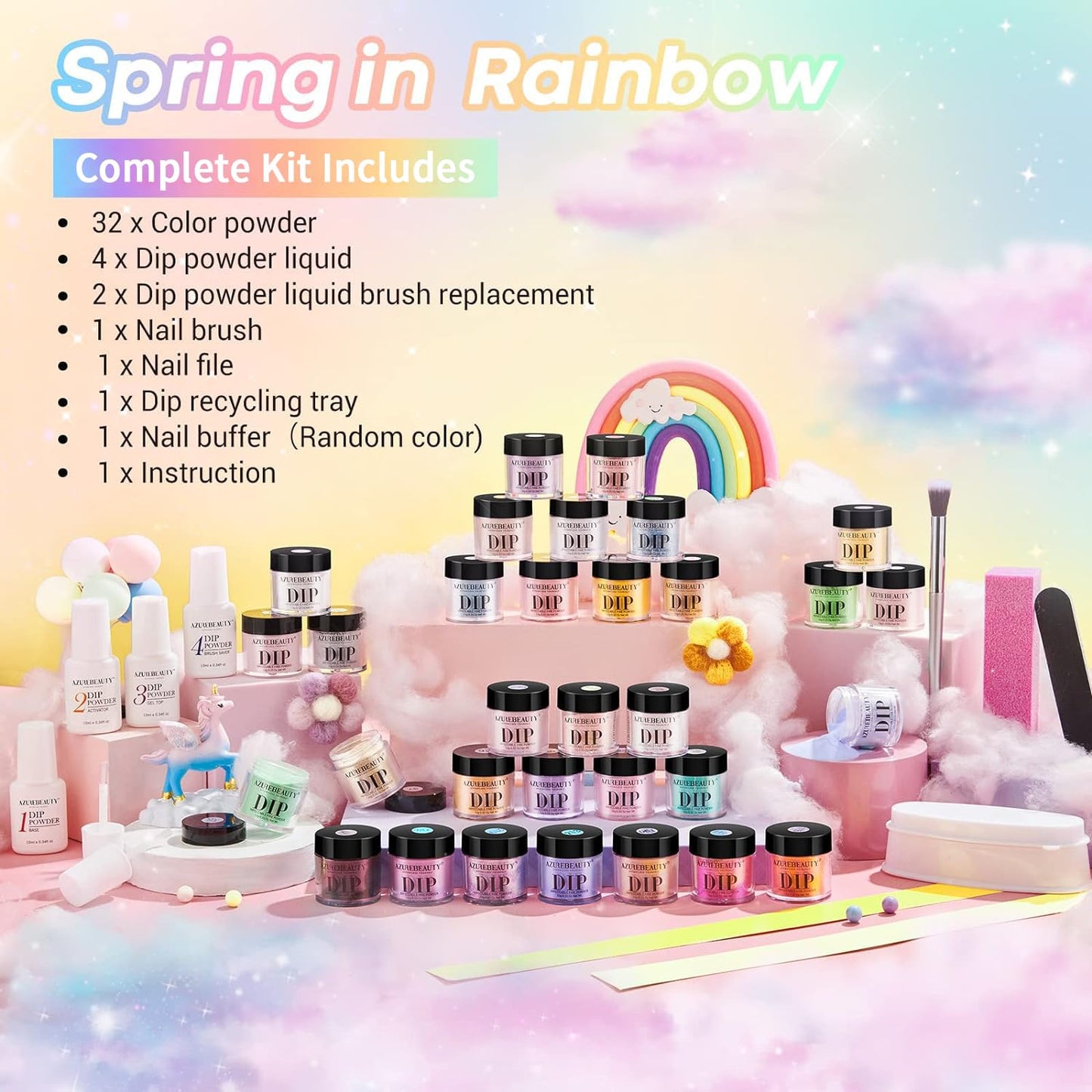AZUREBEAUTY 42Pcs Dip Powder Nail Kit Starter, 32 Colors Spring Rainbow Bright Pink Red Green Acrylic Dipping Powder Set with Top/Base Coat Activator for French Art Manicure DIY Salon Gift