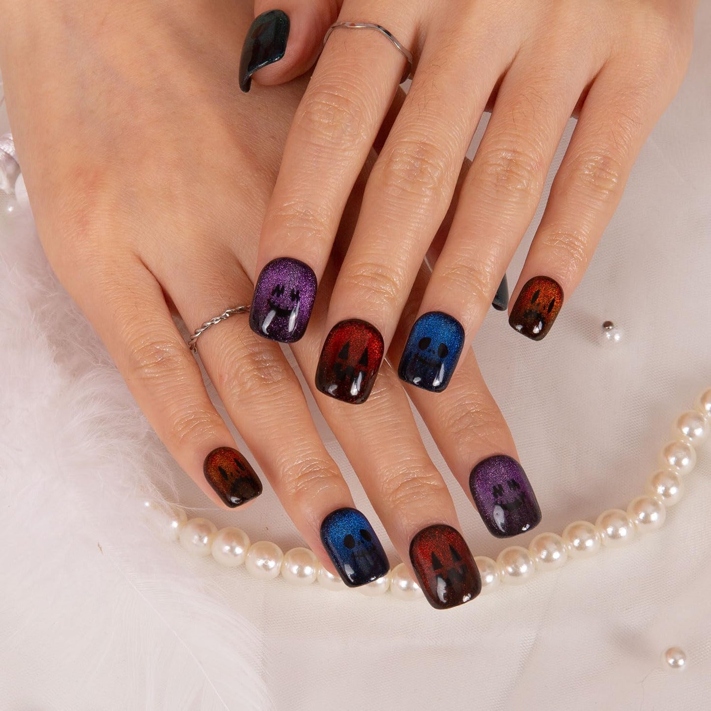 LOVFUL Press on Nails Spectral Jack-o'-lantern| Handmade with Full Covered Crystals | Reusable Fake Nails | Square Short 0.8 in | H336-M