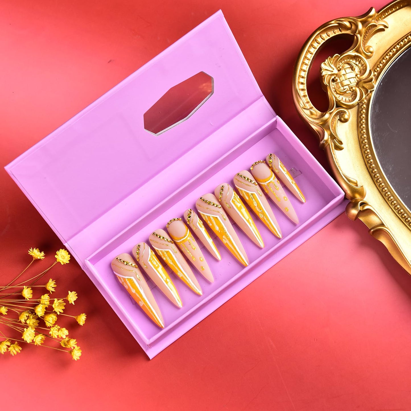 Tmani 10pc/set Extra Long Handmade Press On Nail Hot Girl's Long Ballet Nails Pointed Nail Full of Diamond Glitter Decoration Fake Nails Suitable For Girls Festival Parties and Birthday Gift (296,M)