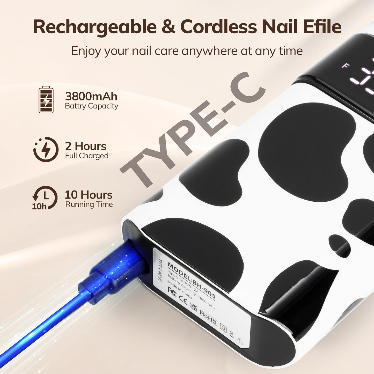 Lavinda 35000RPM Electric Nail Drill, Cordless Nail Drill Machine Portable Rechargeable Nail Efile for Acrylic Gel Nails, Manicure Pedicure Polishing Shaping Tool for Salon Home Use-Cow Print