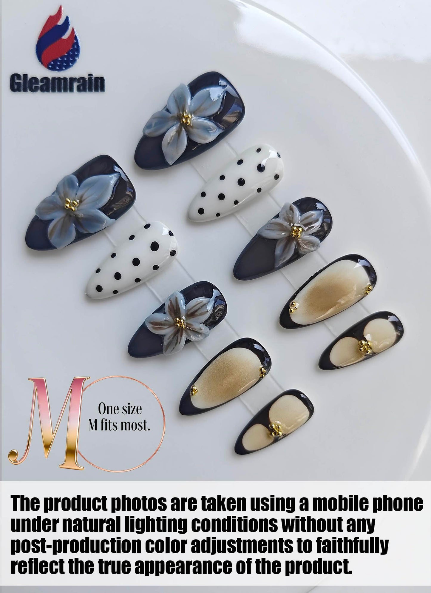 Gleamrain 10pcs Almond Handmade Press-on Nails, Medium French Tip (M Size) - With Flower and Polka Dots Design, Pink,Suitable for Women Girls for Daily, Parties, Holidays and Proms,D209