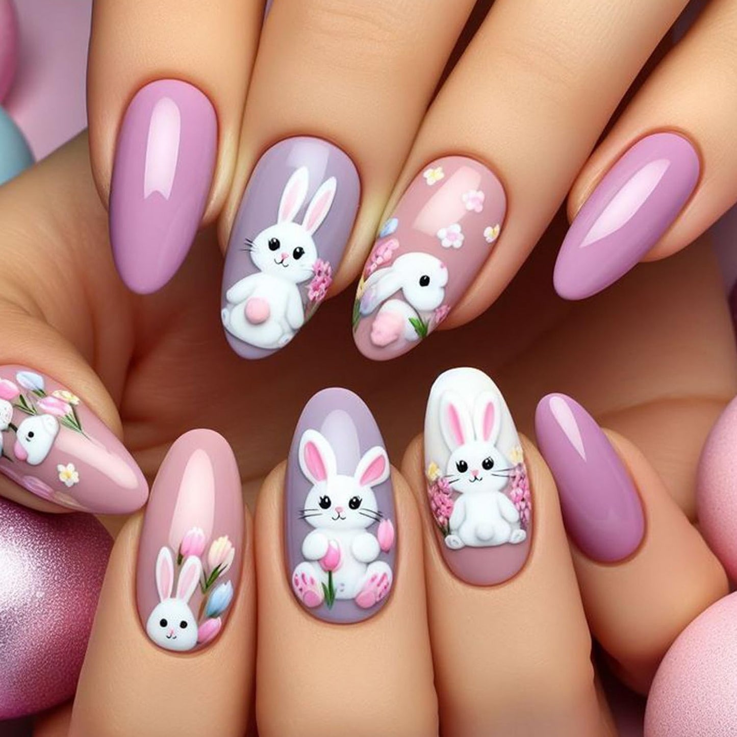 Easter Press on Nail Long Medium Fake Nails Purple Pink with Bunny Flower designs Full Cover Almond Shape Press ones Cute Glue on Nails Glossy Spring Stick on Nail for Women Manicure24pcs
