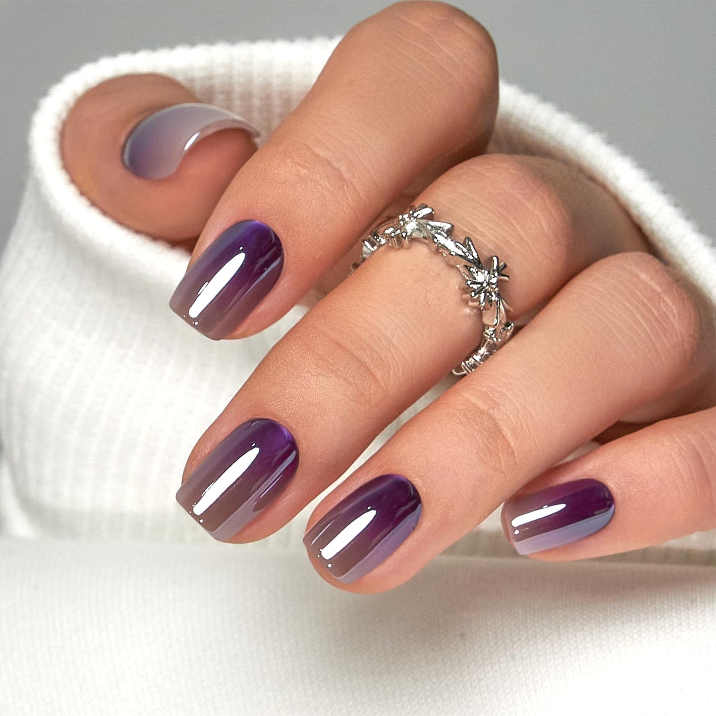 CurvLife Press on Nails Short Square Acrylic Fake Nails with Apricot Design Full Cover False Nails Glossy Nude Glue on Nails Artificial Stick on Nails for Women (Purple Gradient Cat Eye Chrome Nails)