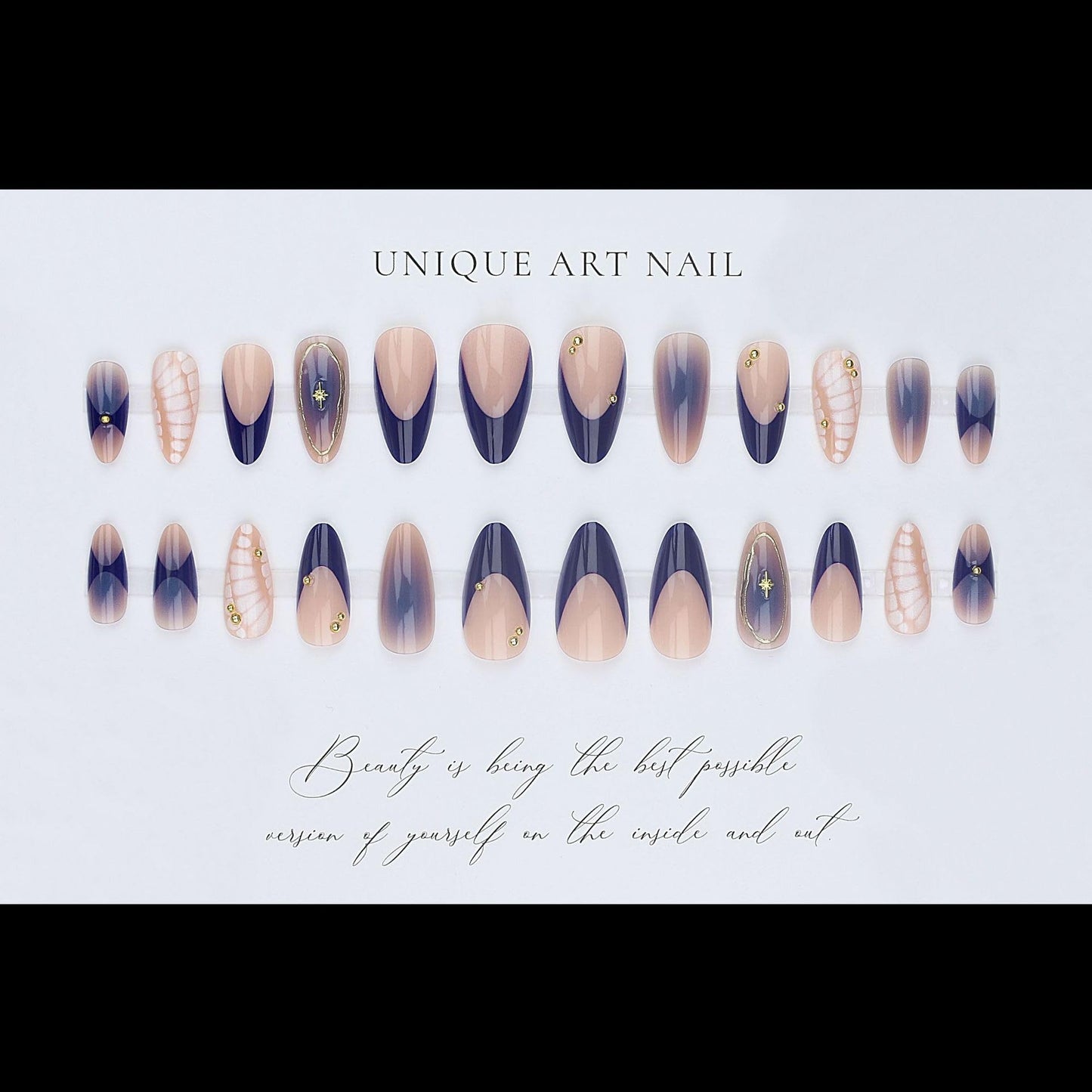 3D Press on Nails Medium Almond Bohemian Design, Navy-Nude Ombre Fake Nails Gold Studs Glossy for Women Kit, Reusable Soft Gel Stick on False Nails with Gold Stars French Designs Perfectly Fit