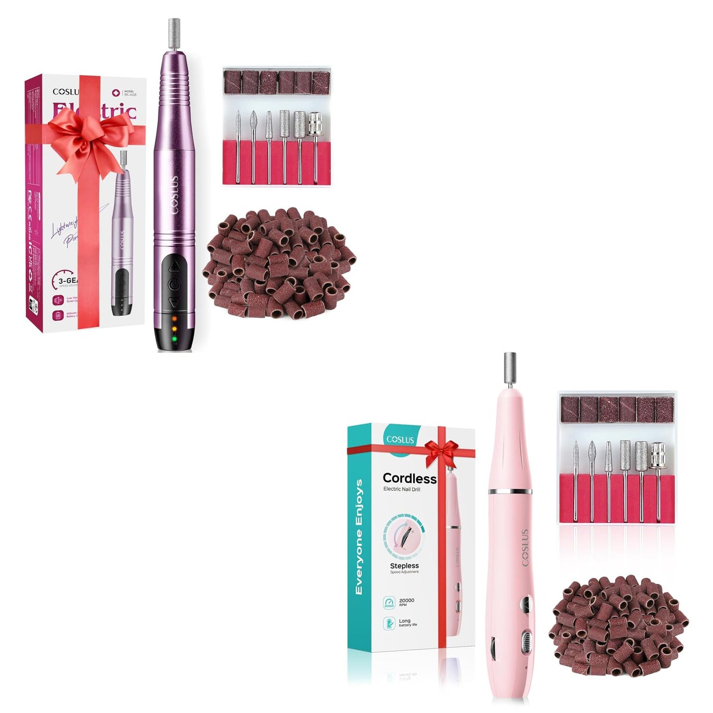 COSLUS Cordless Nail Drill Electric File for Acrylic Gel Dip Powder Nails Portable and Professional Nail Drill Kit with Stepless Speed Knob Pink