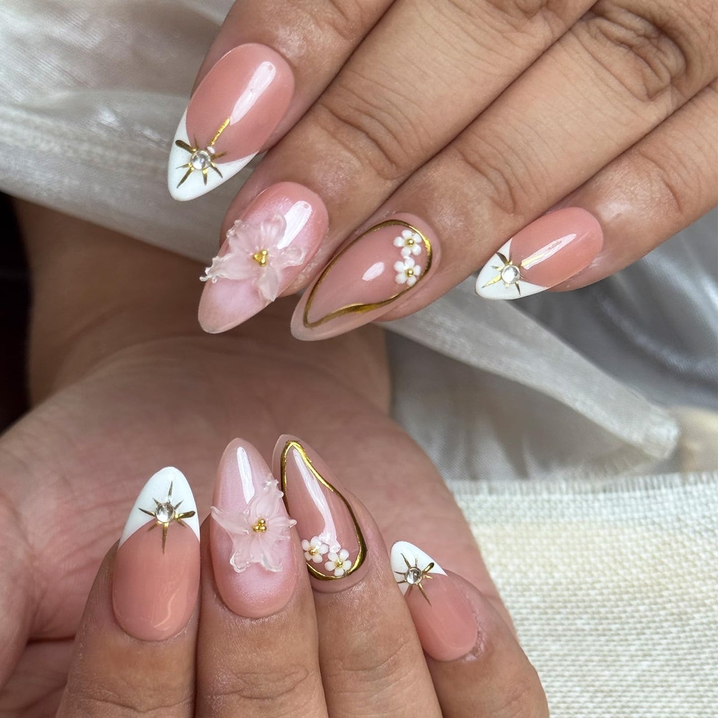 Short Brown French Tip Press On Nails ，3D Metallic Rhinestones style Design Handmade Press On Nails ，Reusable Glam Art Acrylic False Nails S SIZE