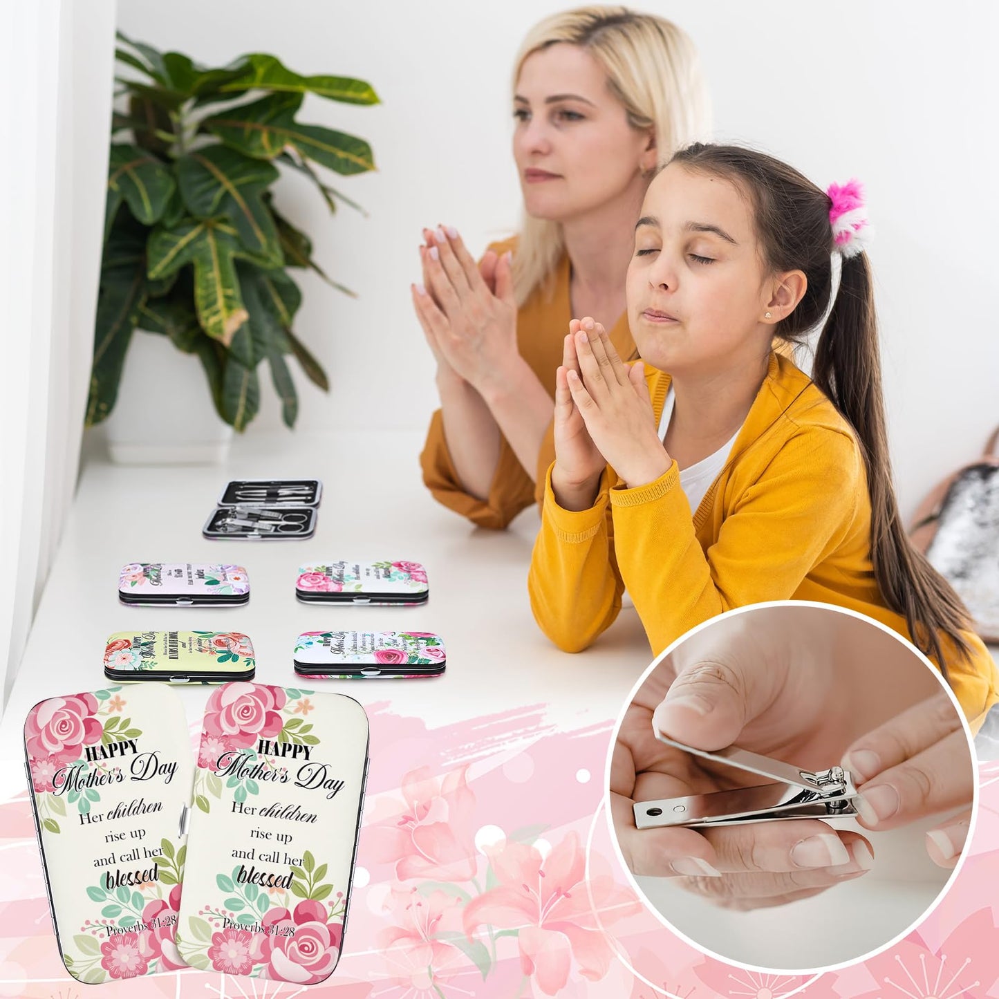 Chumia 20 Sets Mother's Day Christian Nail Set Bulk Bible Scripture Manicure Kit Stainless Steel Nail Clipper Set Happy Mother's Day Floral Religious Christian Gift for Mom Women Church Supplies