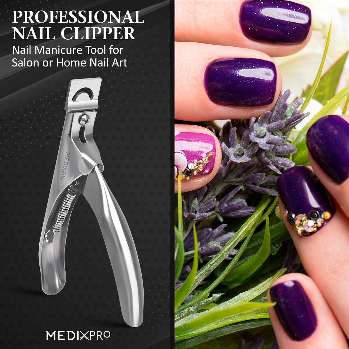 MedixPro Acrylic Nail Clipper with Magnet Silver Professional Nail Tip Cutter Adjustable Nail Extension Cutter Stainless Steel Sharp Blade for Acrylic Gel False Nails Manicure Pedicure Nail Art Cutter