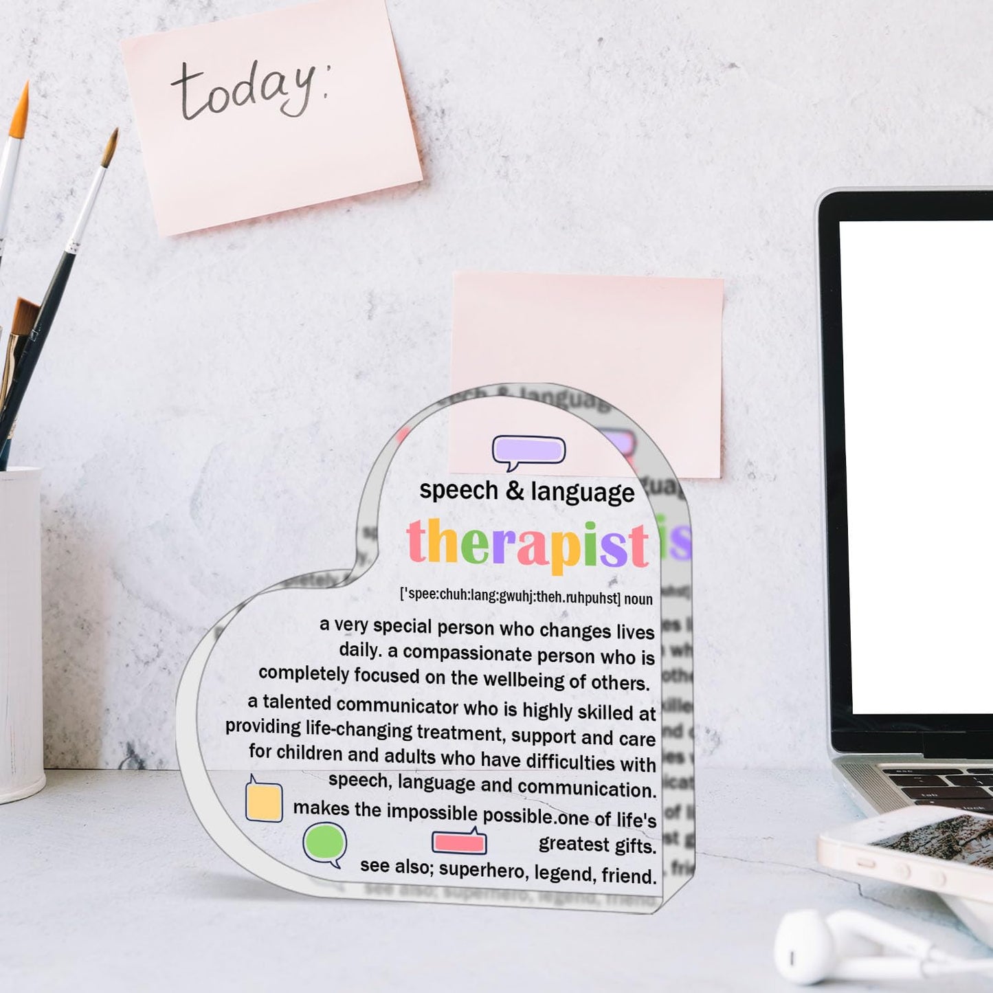 ZsaTuiy Speech & Language Therapist Gift for Women Men,Inspirational Gifts for Women,Thank You Gifts for Speech & Language Therapist,Heart Shaped Acrylic Desk Decorative Sign for Home Office