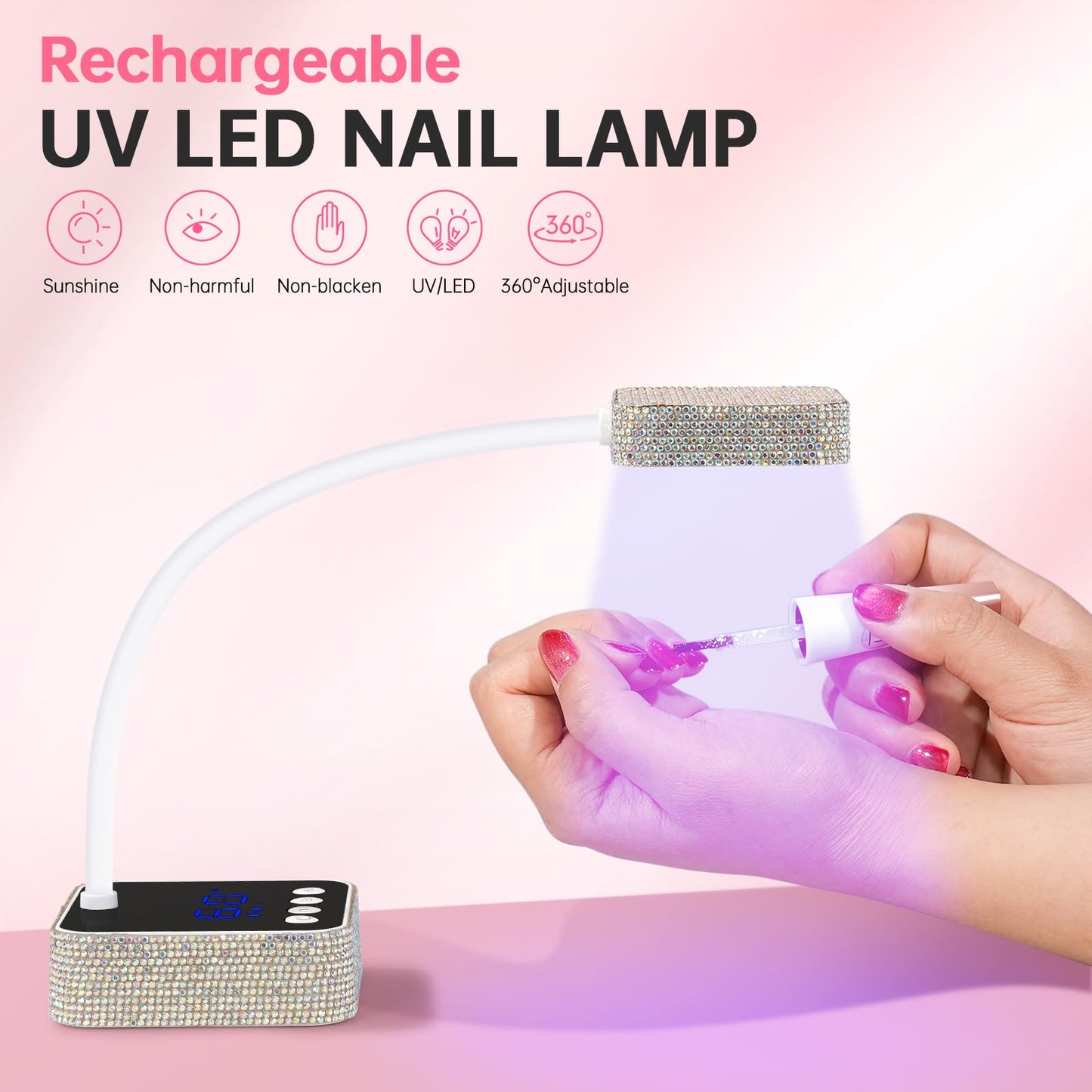 CHRISTINE SHELLY UV LED Nail Lamp, Mini UV Light for Gel Nails Polish, Rechargeable with 4 Timers, Nail Dryer, Quick Drying Cordless Goosenecks Home Nail Salon DIY Manicure (M9-White Diamond)