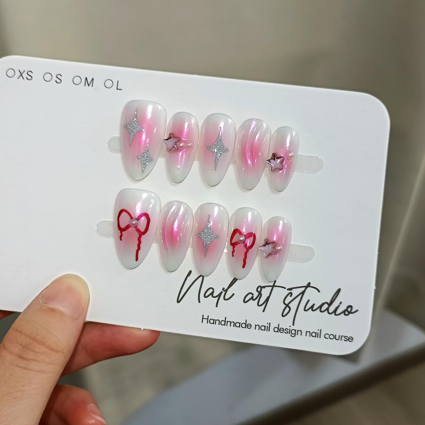 TENPAL Handmade Aurora Pink Press On Nails Medium Almond-Acrylic Glossy Y2k Sweet Cool Soft Gel Fake Nails For Women Girls,Reusable Star Bow Pattern Glue On Nails With Charms 10pcs/Box Kits (XS)