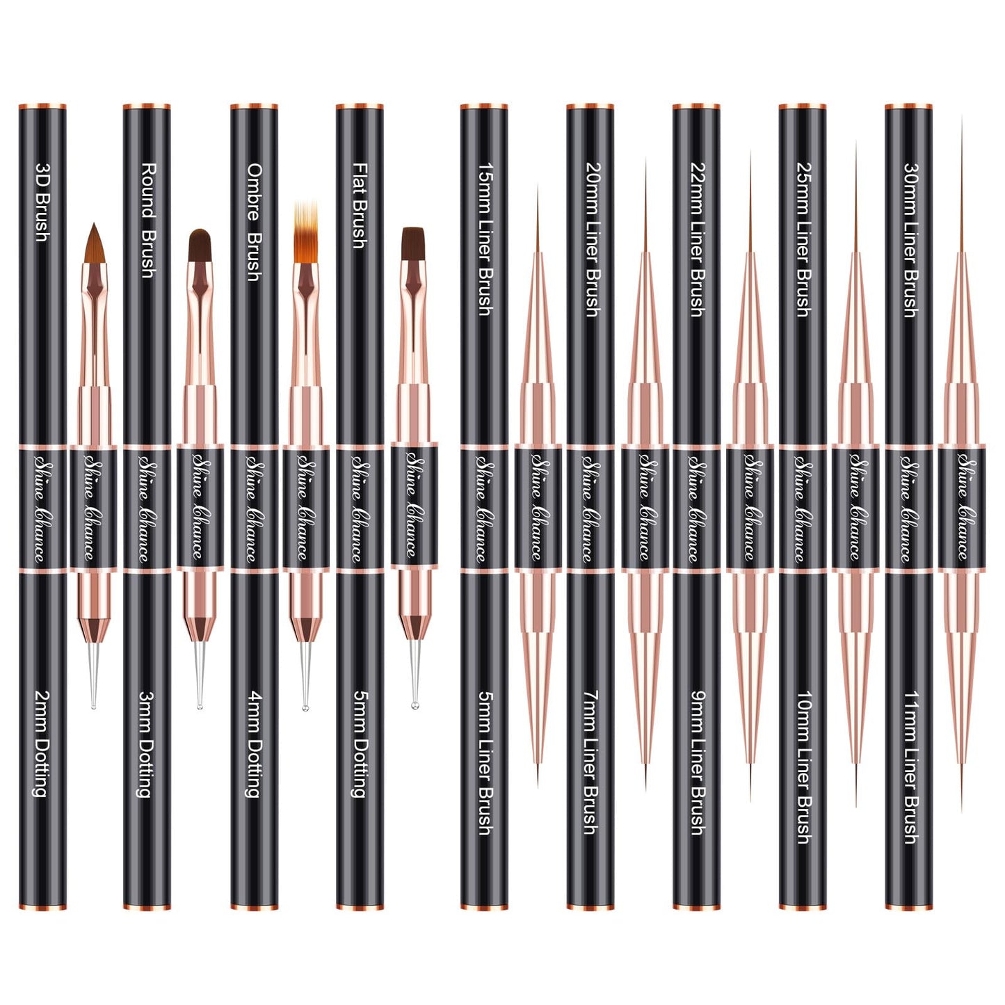 Shine Chance 9Pcs Nail Art Brushes Set, Professional Double-Ended Acrylic Liner Detail Brushes for Gel Polish Art Nail, 3D Art Nail Dotting Brush Pen for Manicure DIY Home Salon, Black